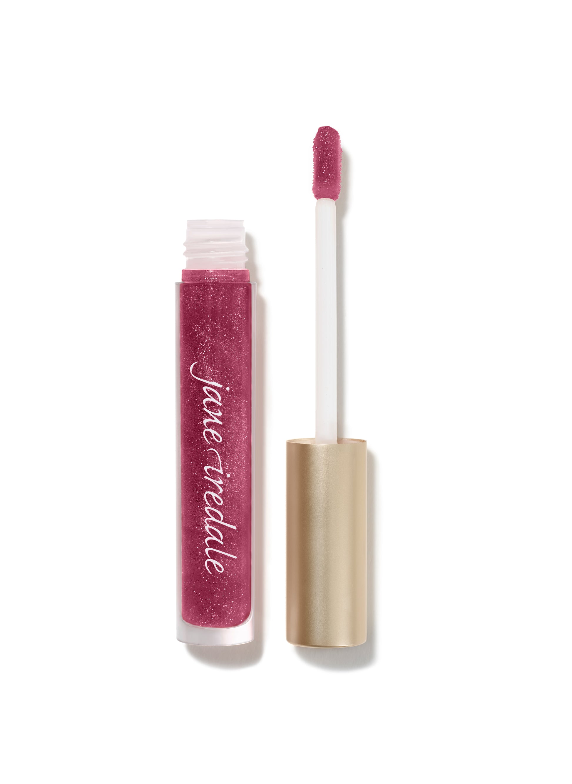 HydroPure™ Hyaluronic Acid Lip Gloss in pink with glitter, open tube and wand, offers plumping, hydrating, high-shine finish, non-sticky, vitamin-rich formula.