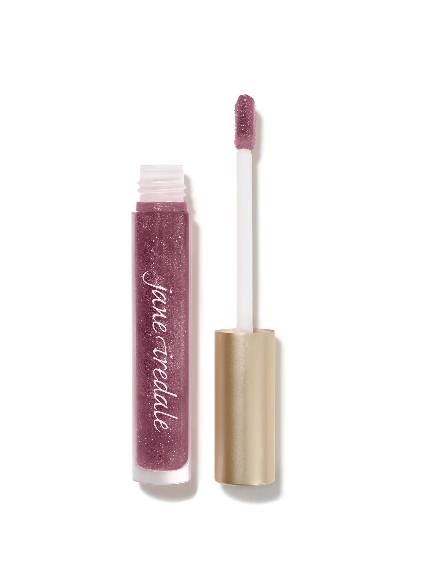 HydroPure™ Hyaluronic Acid Lip Gloss by jane iredale, a clear tube with gold applicator, offers plumping hydration and high shine for soft, luscious lips.