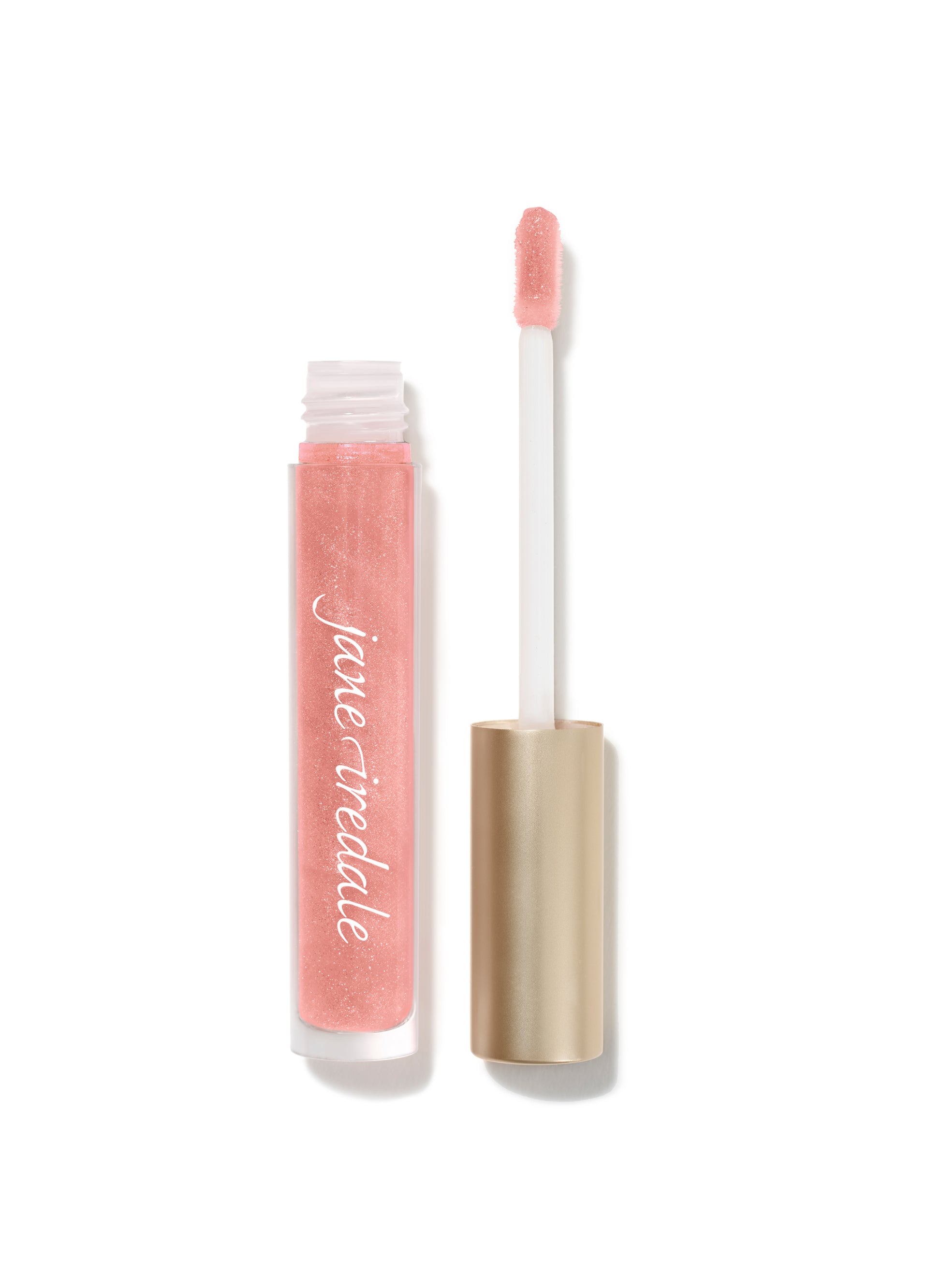 HydroPure™ Hyaluronic Acid Lip Gloss in a clear tube with a matte gold cap, offering nourishing, high-shine, sheer coverage with plumping and hydrating effects.