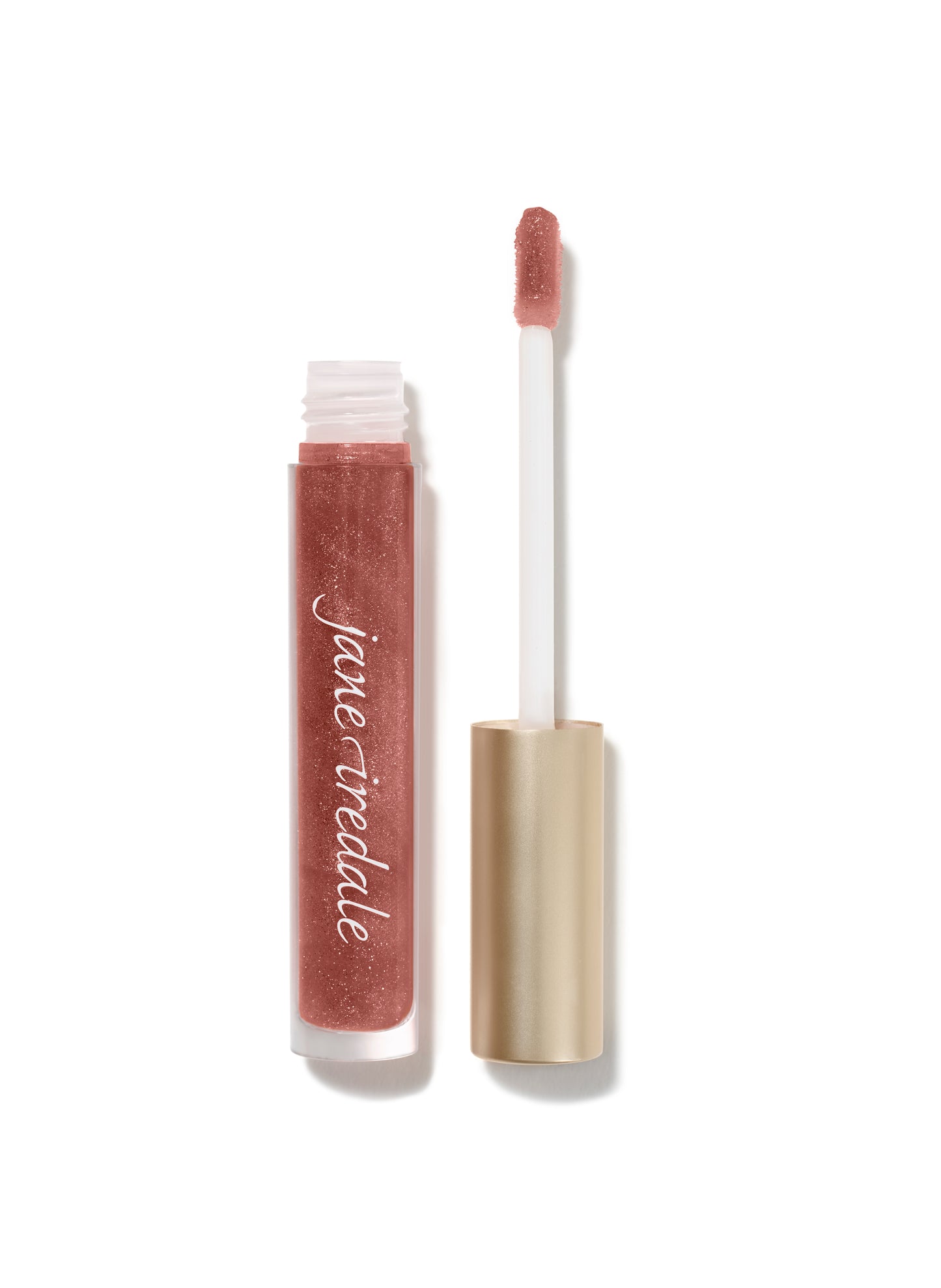 HydroPure™ Hyaluronic Acid Lip Gloss with doe-foot applicator, showcasing a peachy-nude shimmer for hydrated, plumped lips.