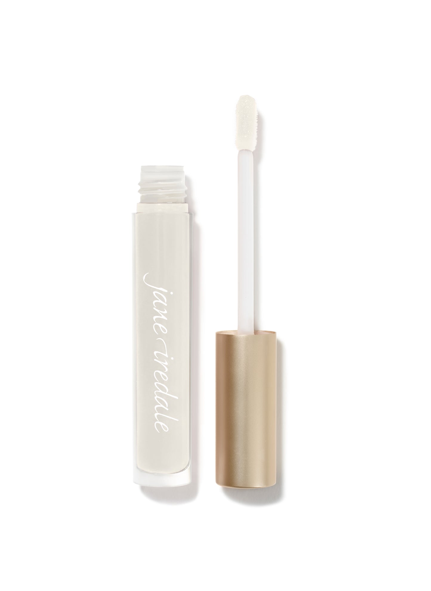 HydroPure™ Hyaluronic Acid Lip Gloss in an open frosted tube with a transparent wand, featuring a nourishing, plumping formula for high-shine, non-sticky lips.