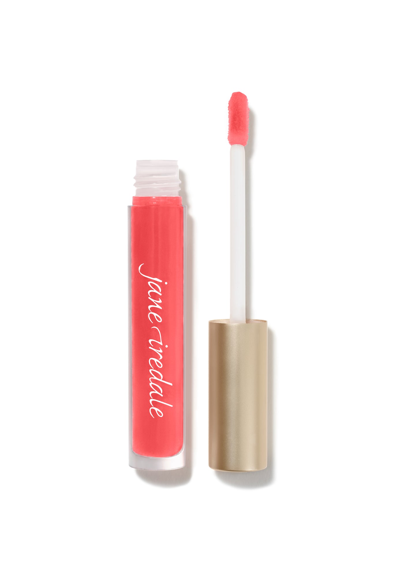 HydroPure™ Hyaluronic Acid Lip Gloss in a clear tube with gold cap and applicator, offering hydration, plumping, and high-shine for soft, healthy lips.