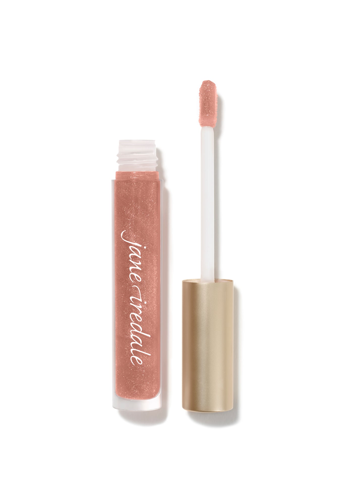 HydroPure™ Hyaluronic Acid Lip Gloss by jane iredale, shown with applicator wand, offers high-shine, non-sticky hydration and plumping effects for luscious lips.