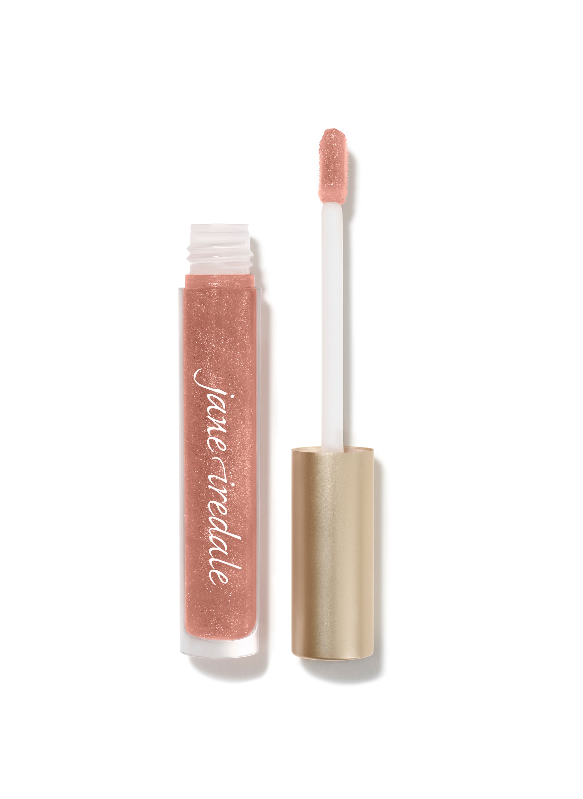 HydroPure™ Hyaluronic Acid Lip Gloss by jane iredale, shown with applicator wand, offers high-shine, non-sticky hydration and plumping effects for luscious lips.