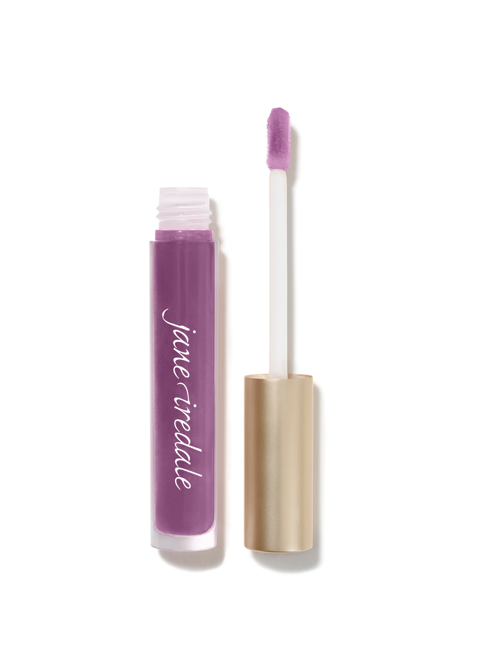 Jane Iredale's HydroPure™ Lip Gloss with Hyaluronic Acid, showcasing a sleek clear tube, gold cap, and purple applicator for glossy, hydrated lips.