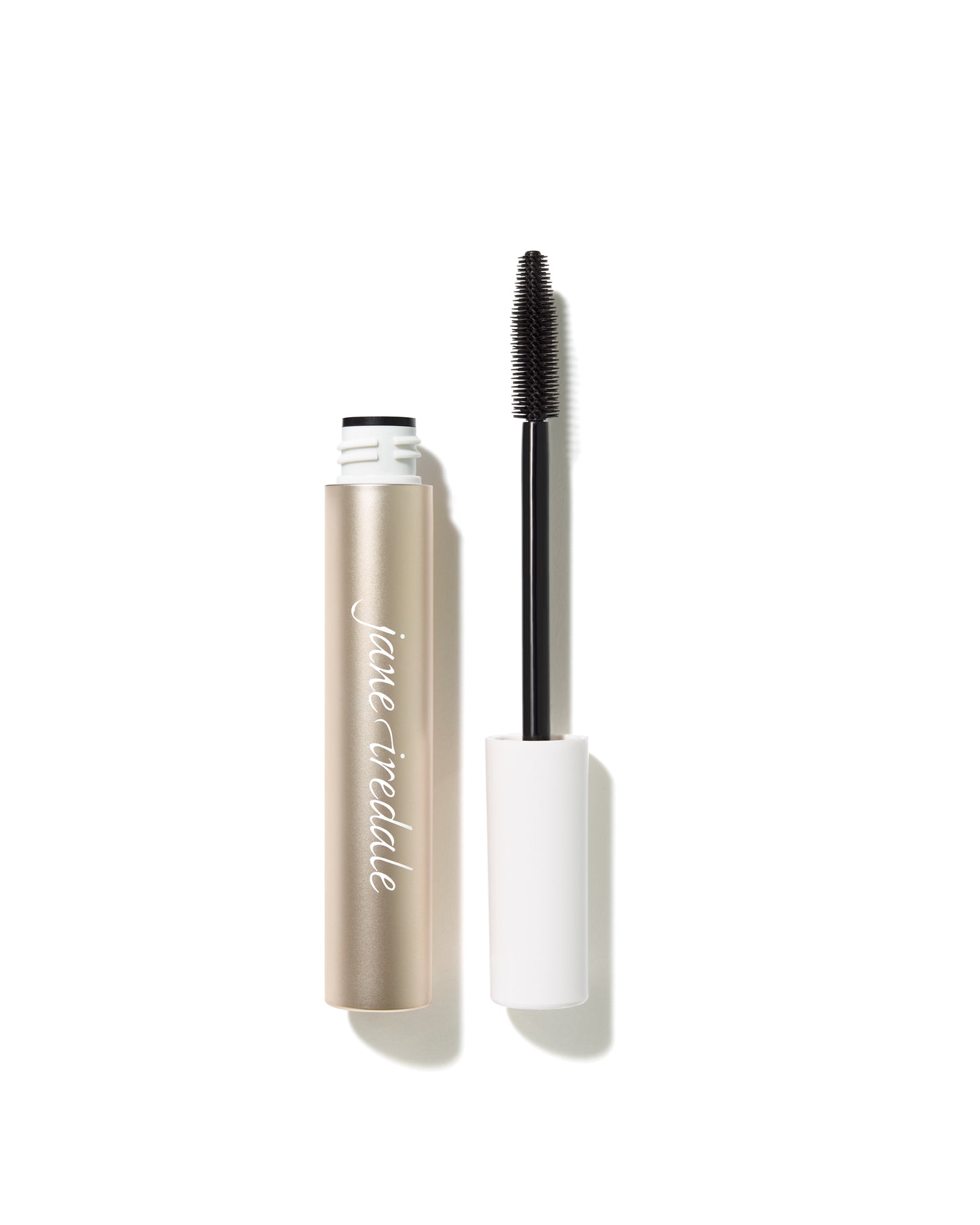 Jane Iredale Lash Fixation Length & Definition Tubing Mascara with wand, showcasing a gold tube and black-bristled brush for dramatic, smudge-proof lashes.