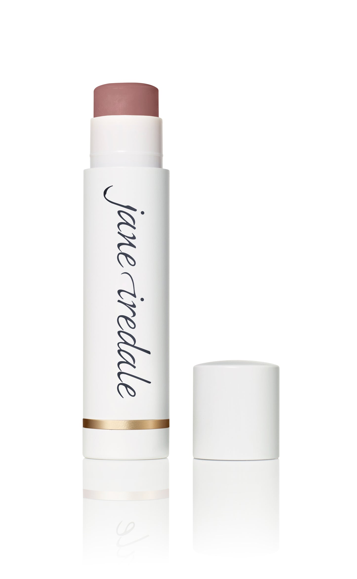Jane Iredale LipDrink® Lip Balm in a twist-up stick, cap off, showcasing a rosy-mauve tint for hydrating, nourishing lip care with Vitamin E and shea butter.