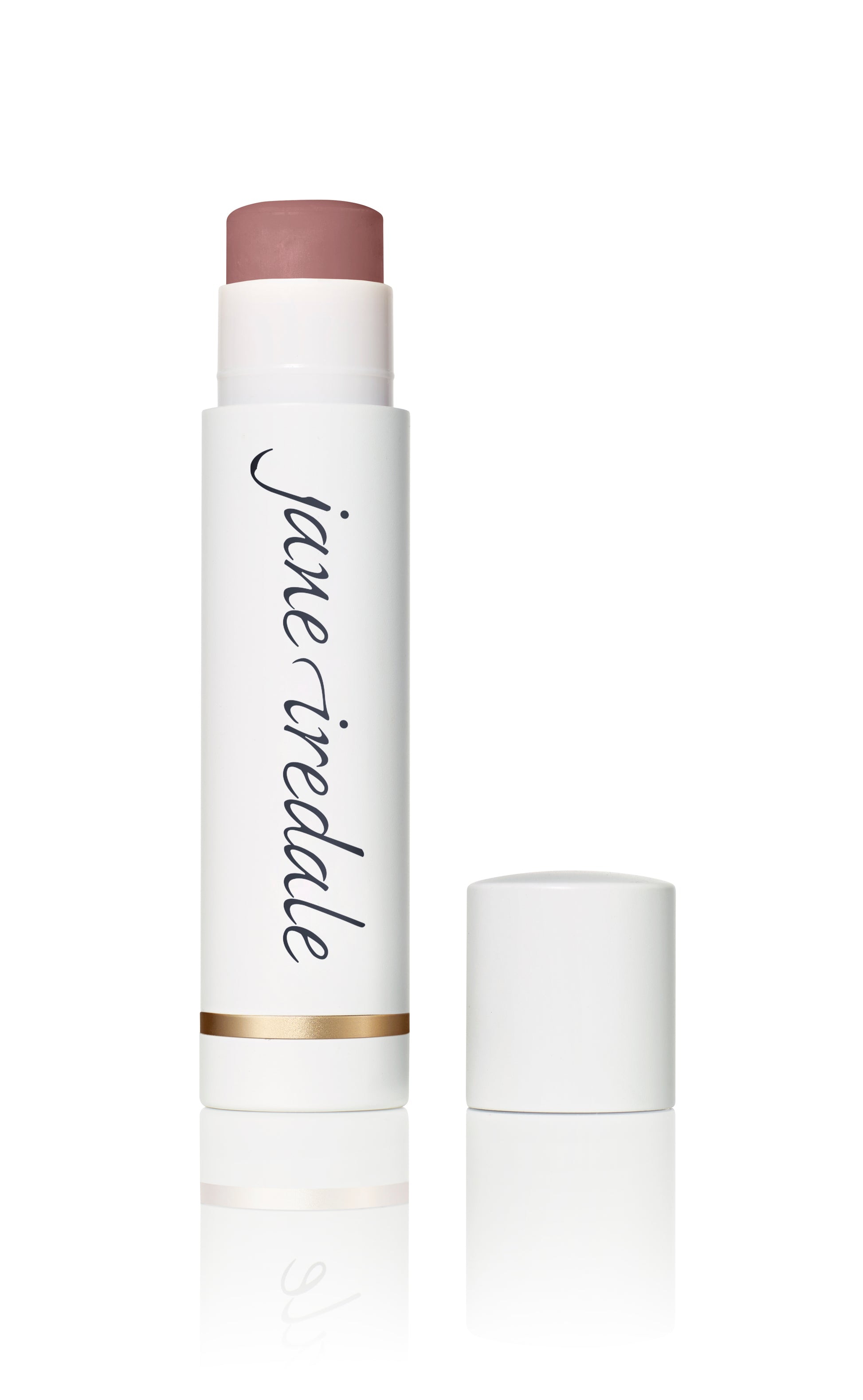 Jane Iredale LipDrink® Lip Balm in a twist-up stick, cap off, showcasing a rosy-mauve tint for hydrating, nourishing lip care with Vitamin E and shea butter.