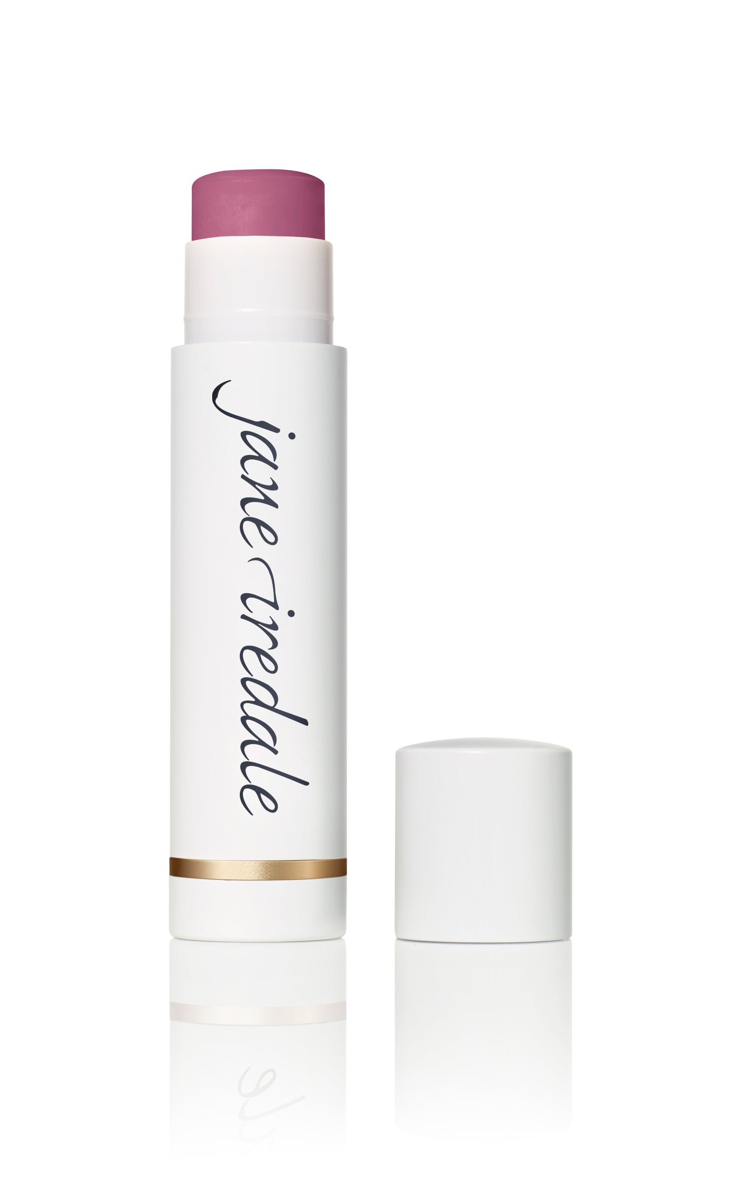 Jane Iredale's LipDrink® Lip Balm in a white tube with a rosy-pink cream, designed for lip hydration and subtle color. Cap beside the tube.