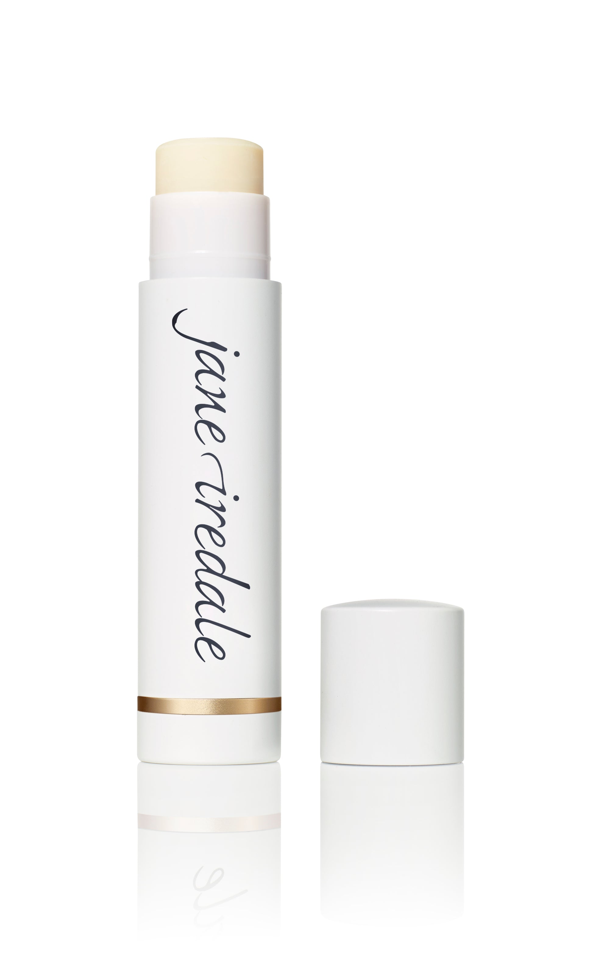 LipDrink® Lip Balm: A white twist-up stick with jane iredale logo, offering deep hydration and subtle color for soft, smooth lips. Cap removed.