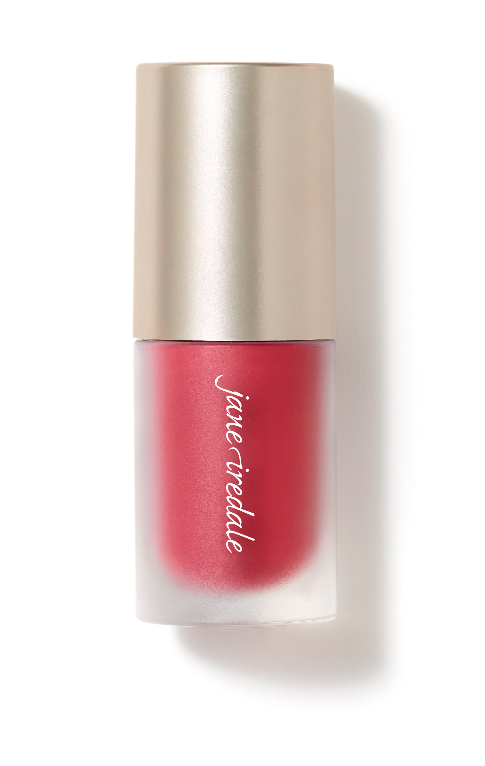 ColorLuxe Liquid Blush by jane iredale, a frosted glass bottle with gold cap, offers buildable, long-lasting, natural flush for cheeks.