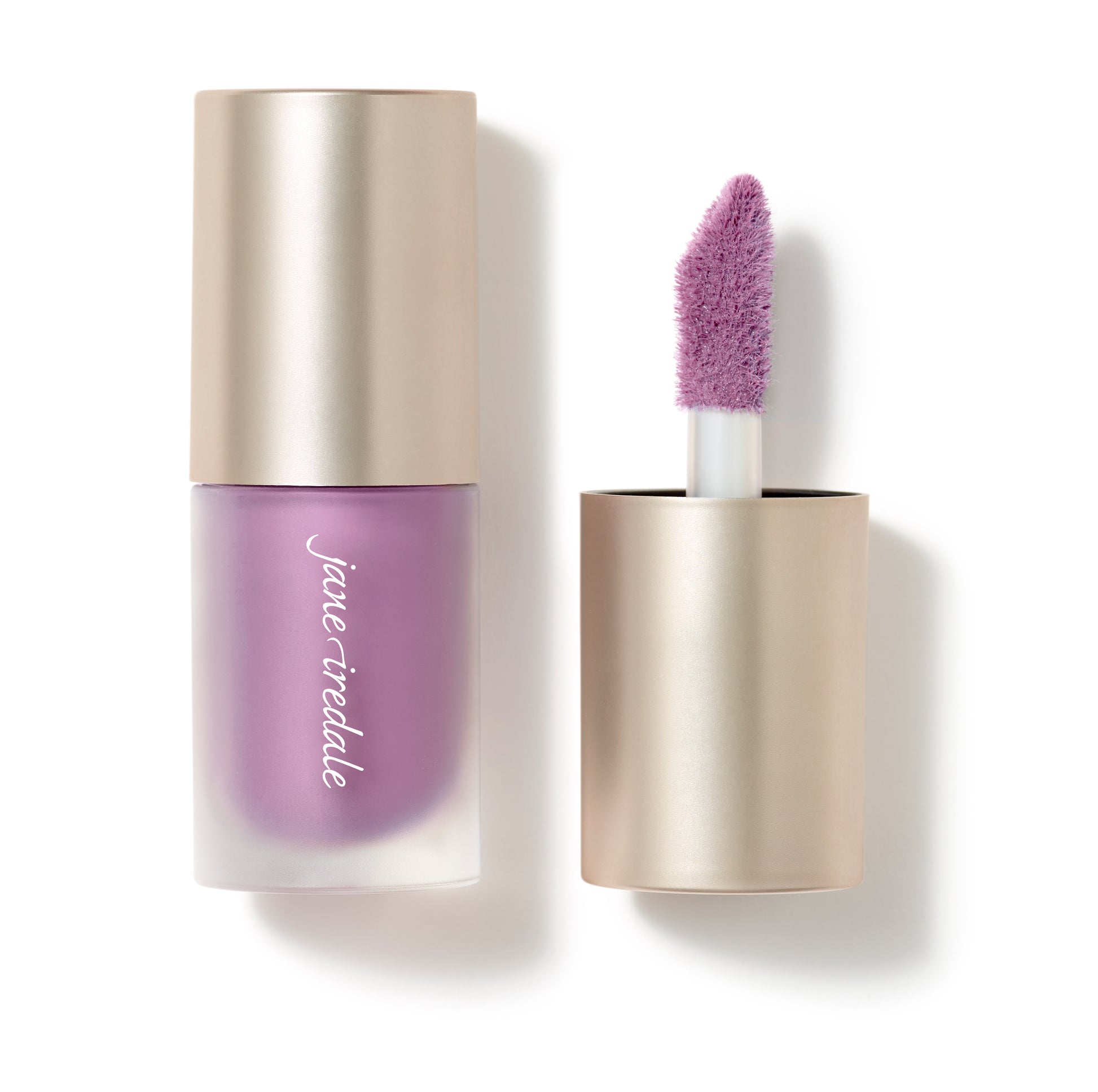 Jane Iredale ColorLuxe Liquid Blush in a frosted glass tube with rose-gold cap, doe-foot applicator exposed, offering buildable, long-lasting, natural-looking flush.