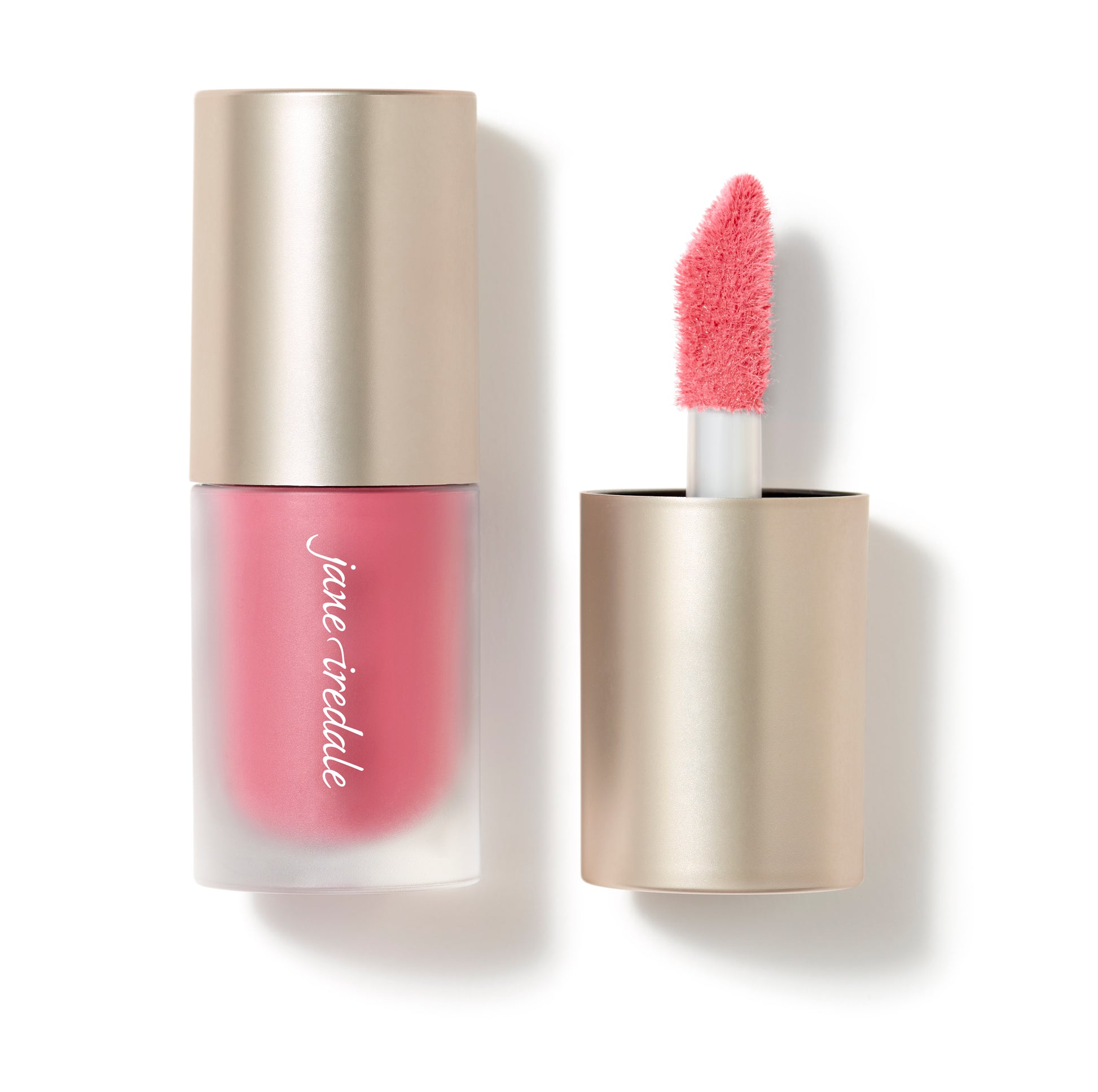ColorLuxe Liquid Blush in frosted glass with gold cap and applicator wand, offering buildable coverage for a natural, long-lasting flush.