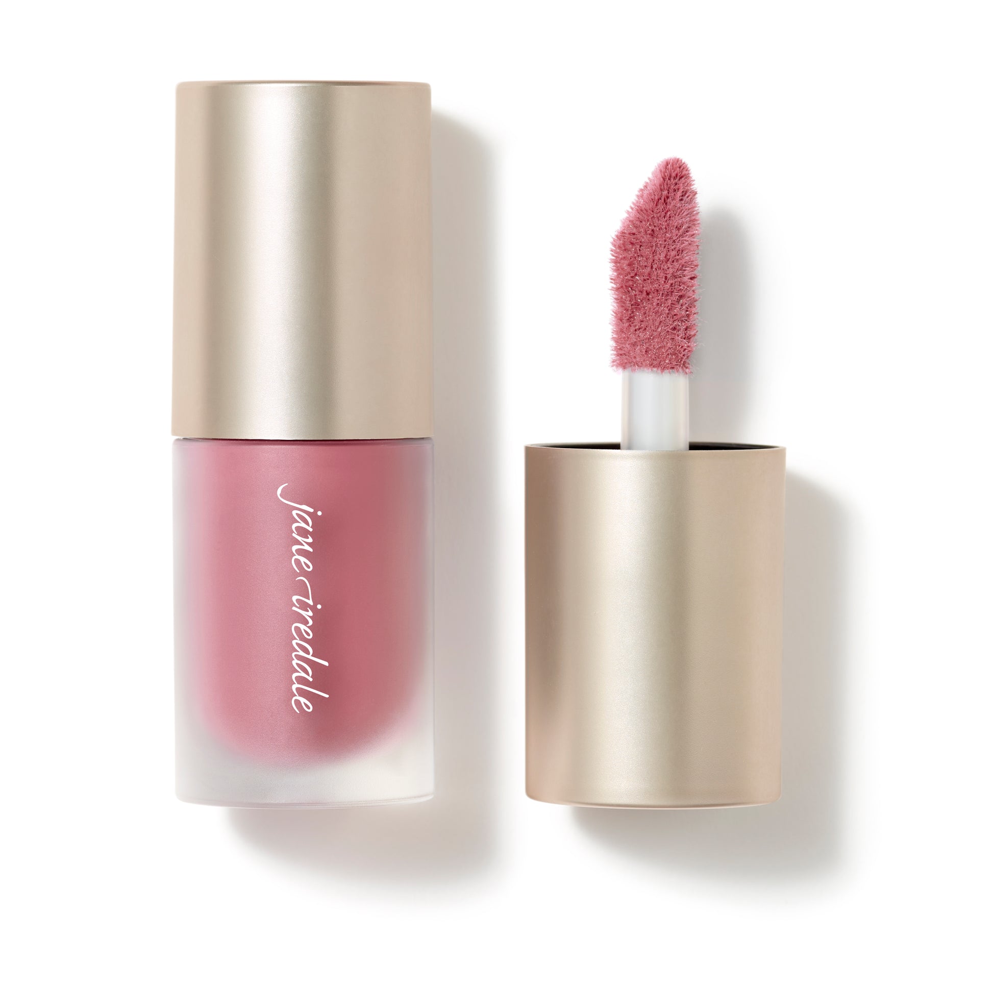 ColorLuxe Liquid Blush in frosted-glass pot, showcasing pink liquid with doe-foot applicator and gold cap, offering buildable, seamless, long-lasting color for a natural flush.