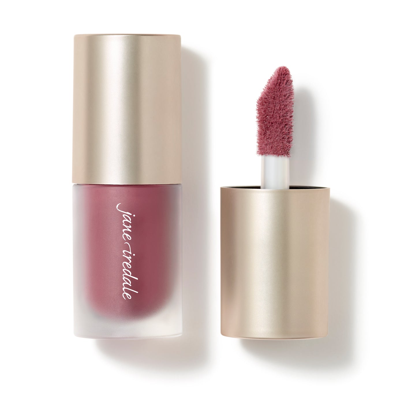 Jane Iredale ColorLuxe Liquid Blush in a frosted tube with a doe-foot applicator, showcasing its buildable, long-lasting formula for a natural, glowing finish.