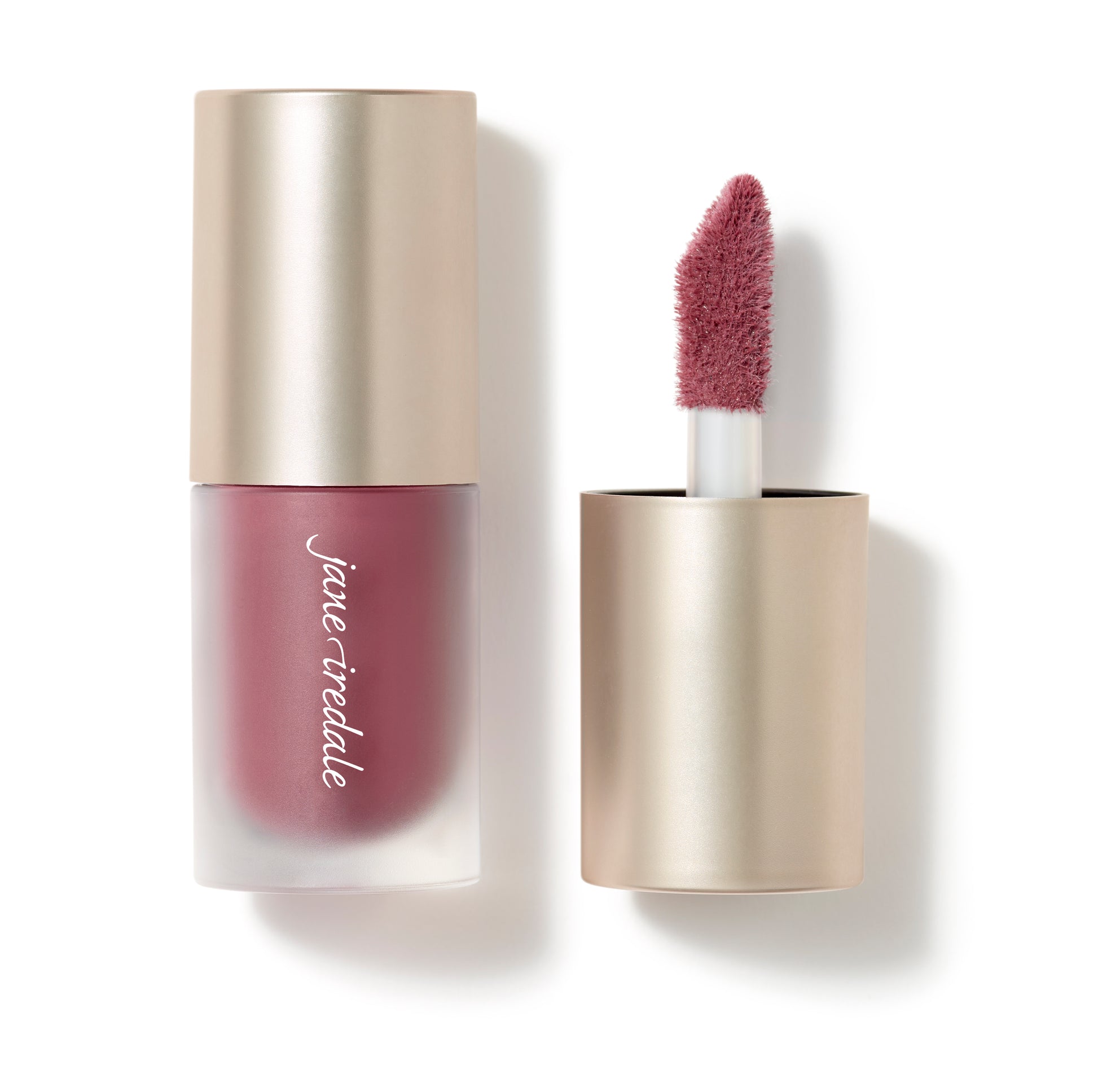 Jane Iredale ColorLuxe Liquid Blush in a frosted tube with a doe-foot applicator, showcasing its buildable, long-lasting formula for a natural, glowing finish.