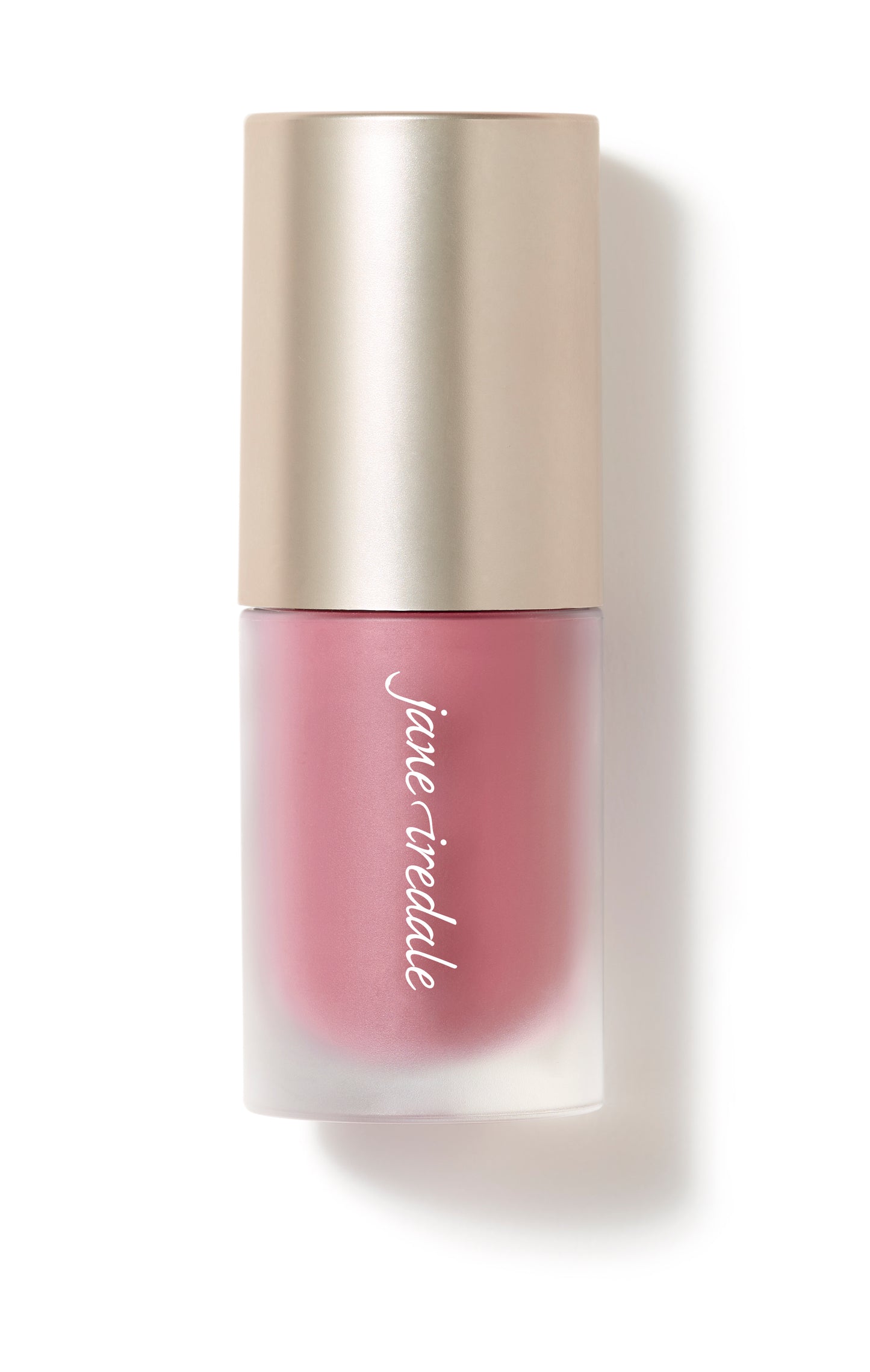 Jane Iredale ColorLuxe Liquid Blush in a frosted-glass bottle with gold cap, offering a seamless, buildable, long-lasting rosy-pink glow for natural-looking cheeks.