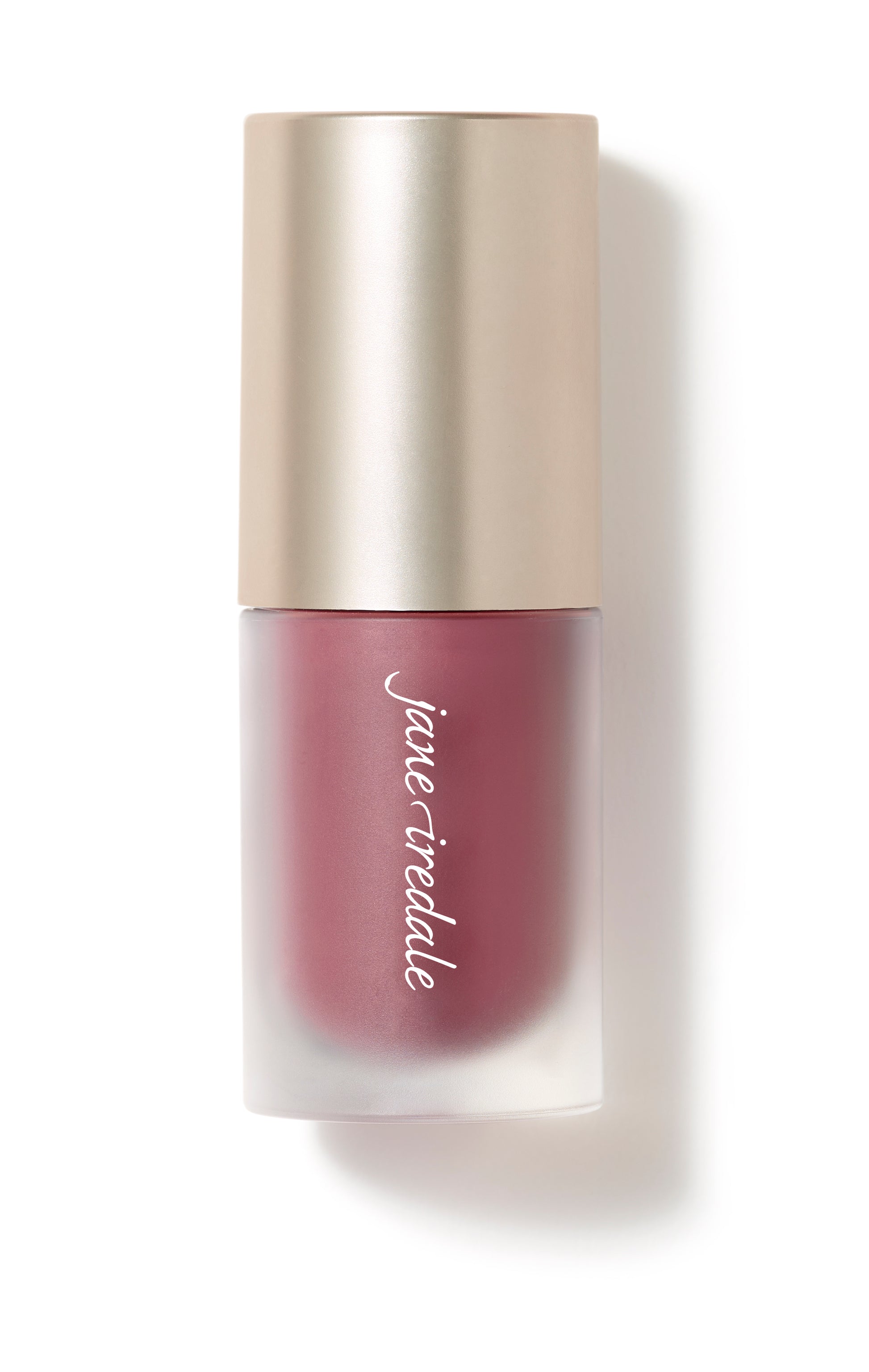 ColorLuxe Liquid Blush by jane iredale; a frosted glass bottle with rose-mauve liquid and matte gold cap, offering buildable, seamless, long-lasting color.