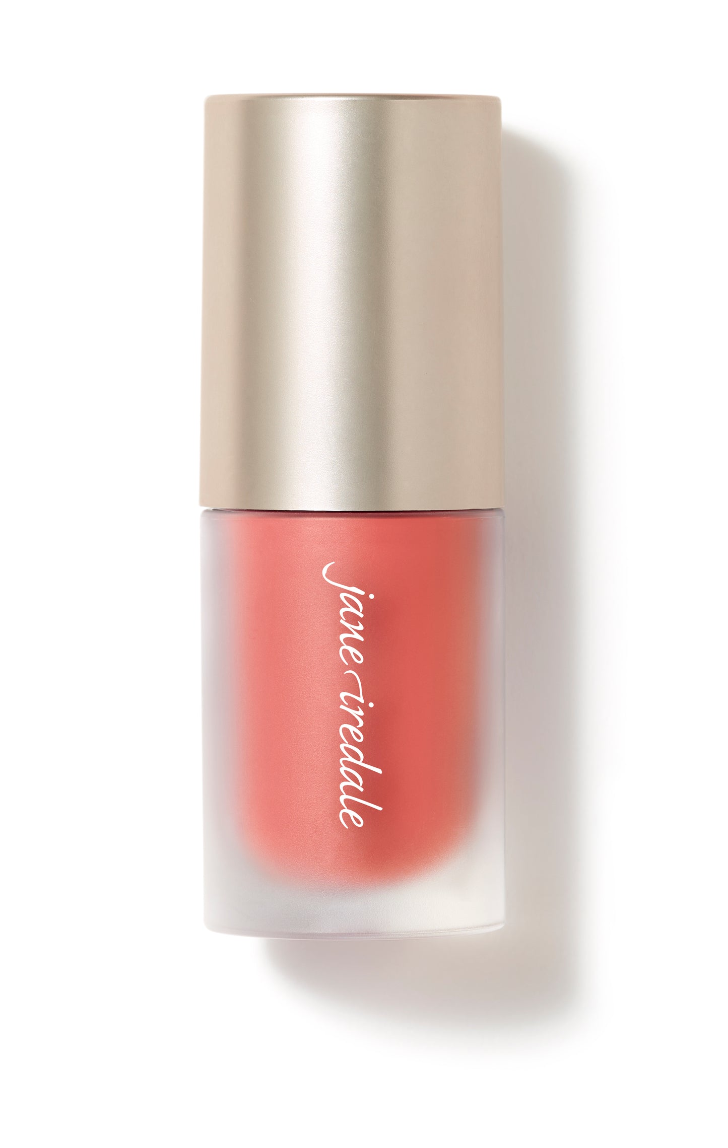 Jane Iredale ColorLuxe Liquid Blush in a frosted-glass bottle with metallic cap, offering buildable, long-lasting color for a natural, dewy finish.