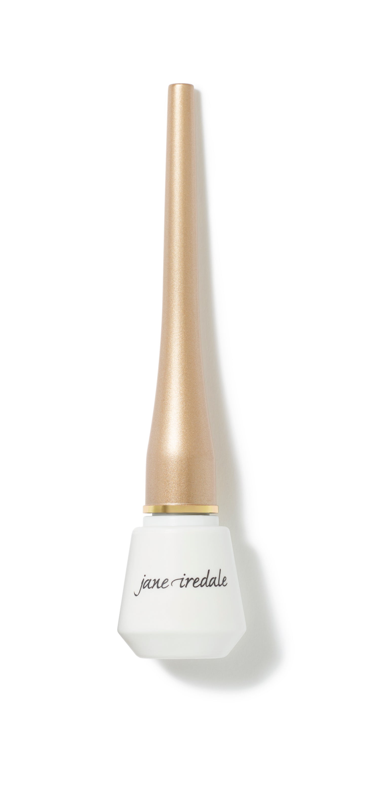 Jane Iredale Liquid Eyeliner in frosted-white vial with gold cap, offering precise, long-wearing, smudge-resistant application, safe for sensitive eyes.