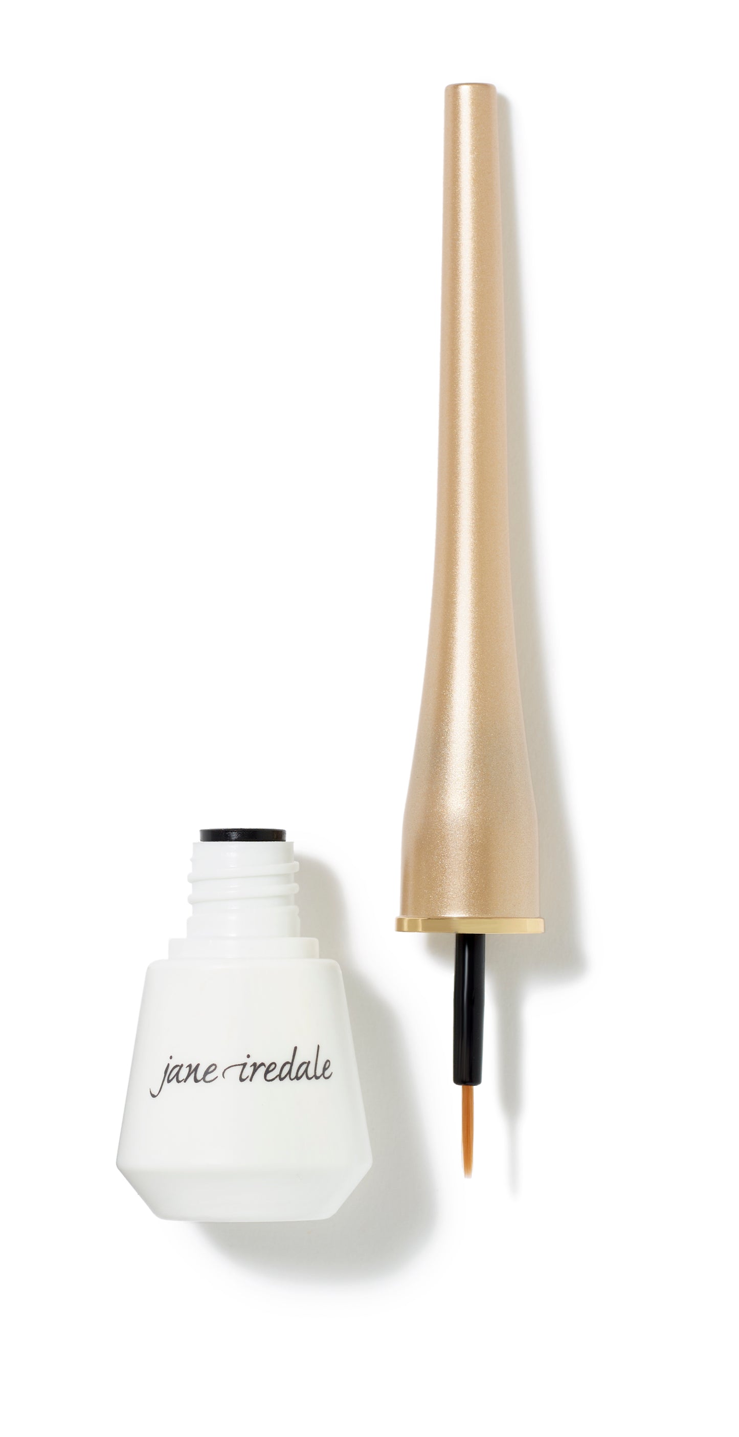 Jane Iredale Liquid Eyeliner with gold-tone cap and fine brush applicator, offering precise, irritation-free application for sensitive eyes, long-wearing, and smudge-resistant.