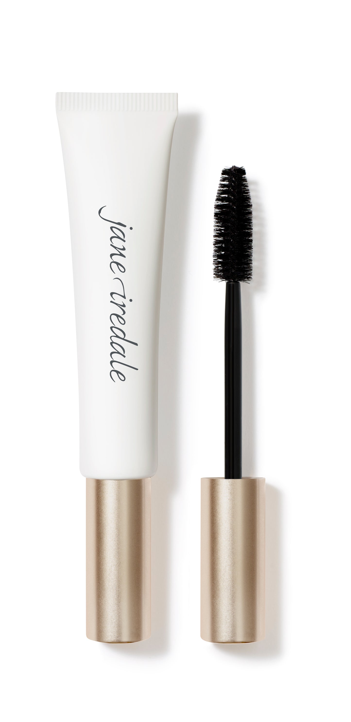 Jane Iredale Longest Lash Thickening and Lengthening Mascara with dual-sided brush for dramatic, feathery lashes, shown with its unscrewed wand and gold-toned cap.