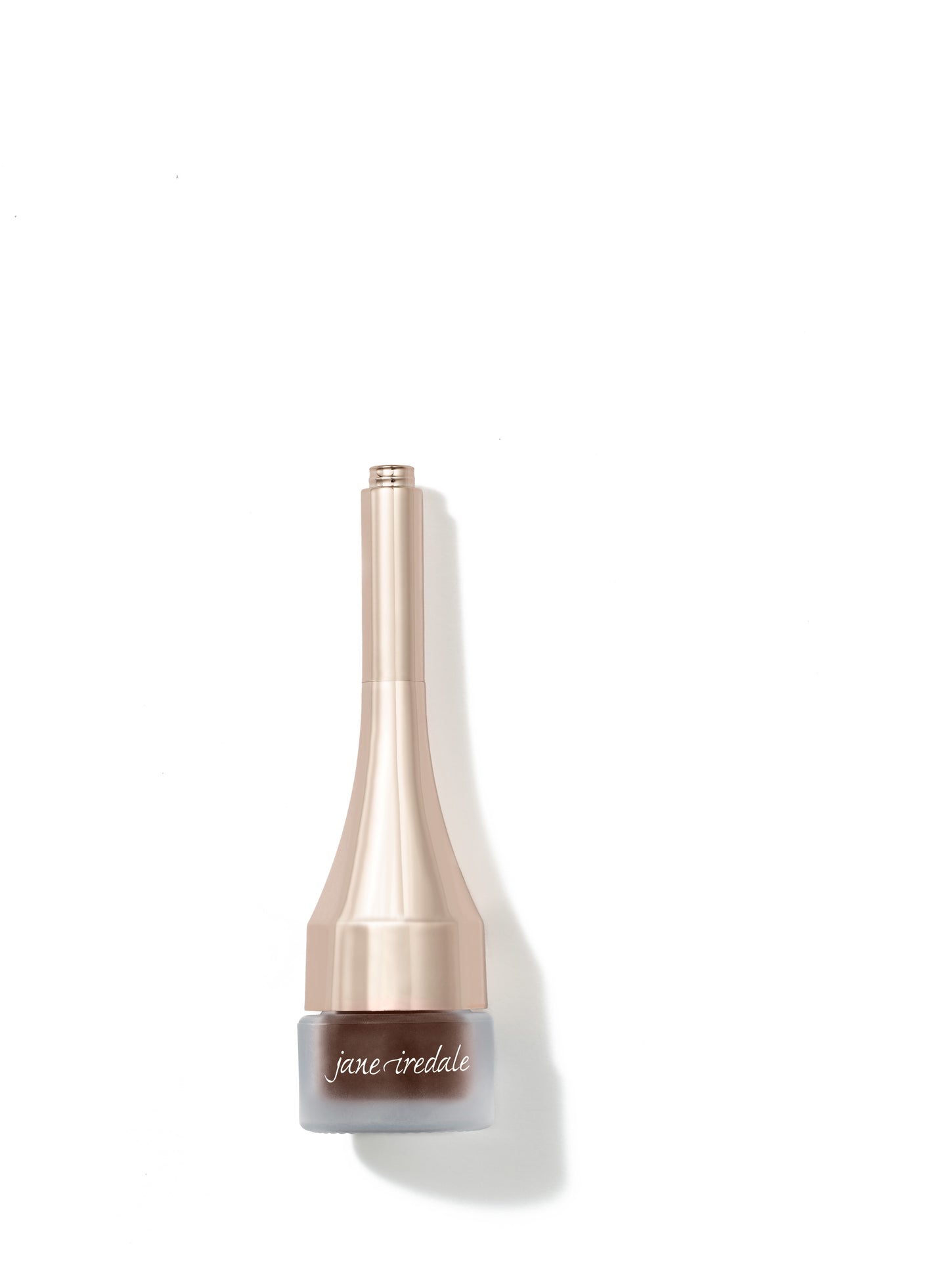 Mystikol® Powdered Eyeliner in a frosted glass jar with metallic-rose-gold cap, featuring a brown gel for versatile wet or dry application.