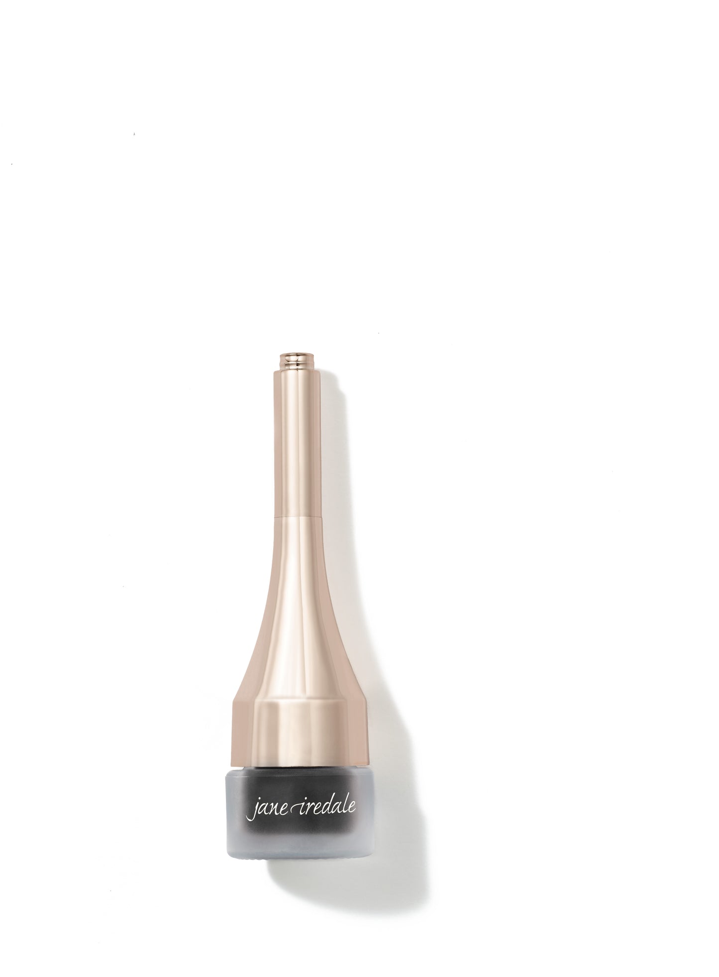 Mystikol® Powdered Eyeliner in a frosted glass pot with a rose-gold handle. Versatile for wet or dry application, ideal for sensitive eyes.