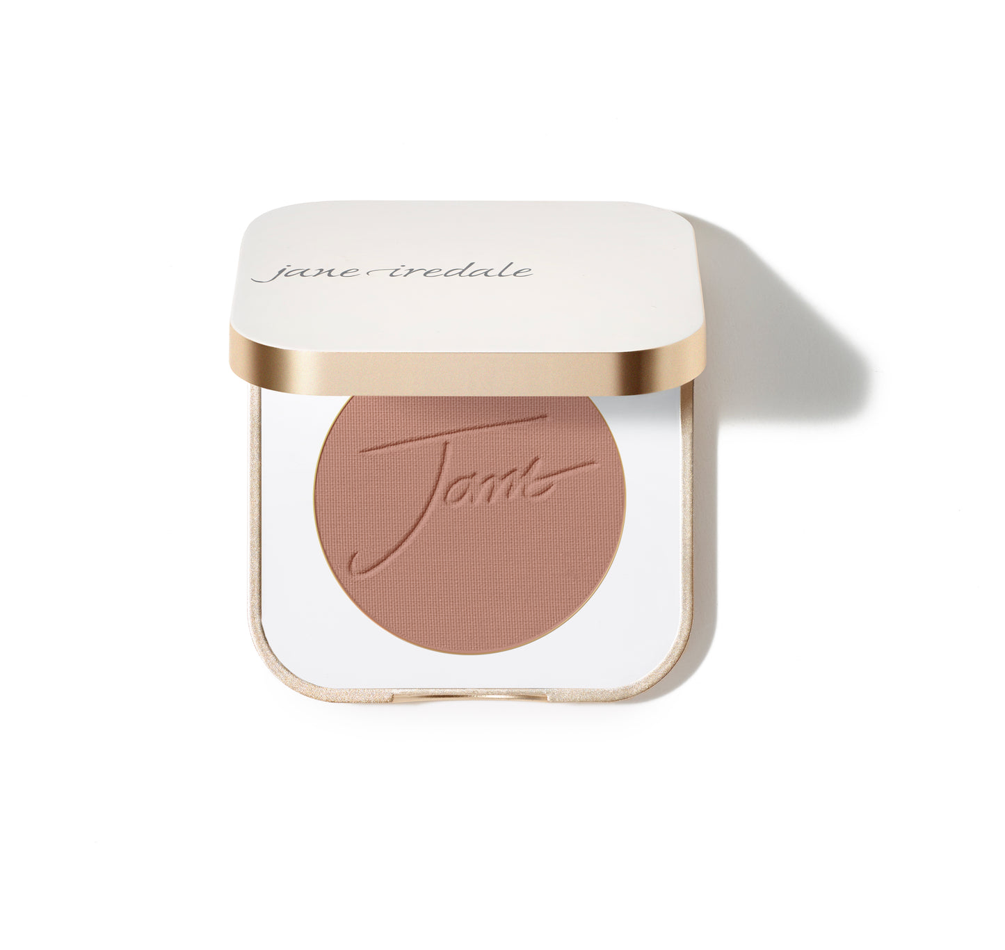 Jane Iredale PurePressed® Blush in a white and gold compact, featuring a silky, buildable mineral formula with embossed Jane on the brown powder.
