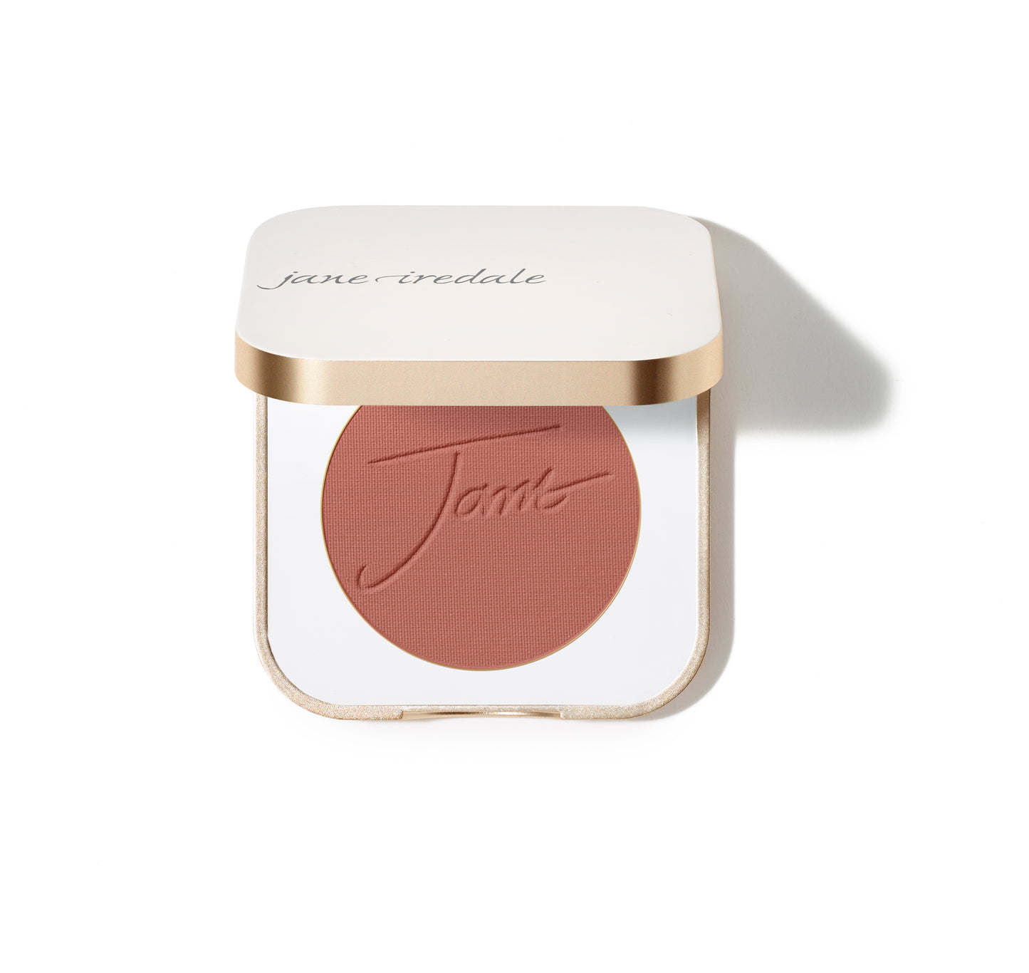 Jane Iredale PurePressed® Blush in a gold-edged compact, features a dusty rose tone with Jane embossed, offering a silky, buildable, natural-looking flush.