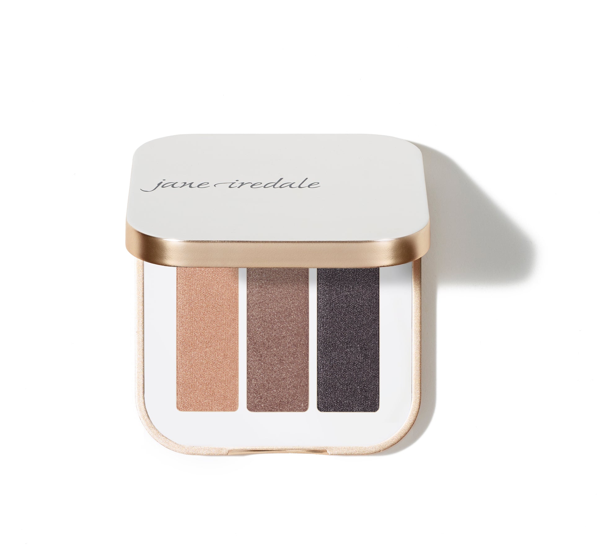 Jane Iredale PurePressed® Eye Shadow Triple compact, open to reveal three neutral shimmer shades. Elegant, talc-free, refillable palette ideal for versatile eye looks.