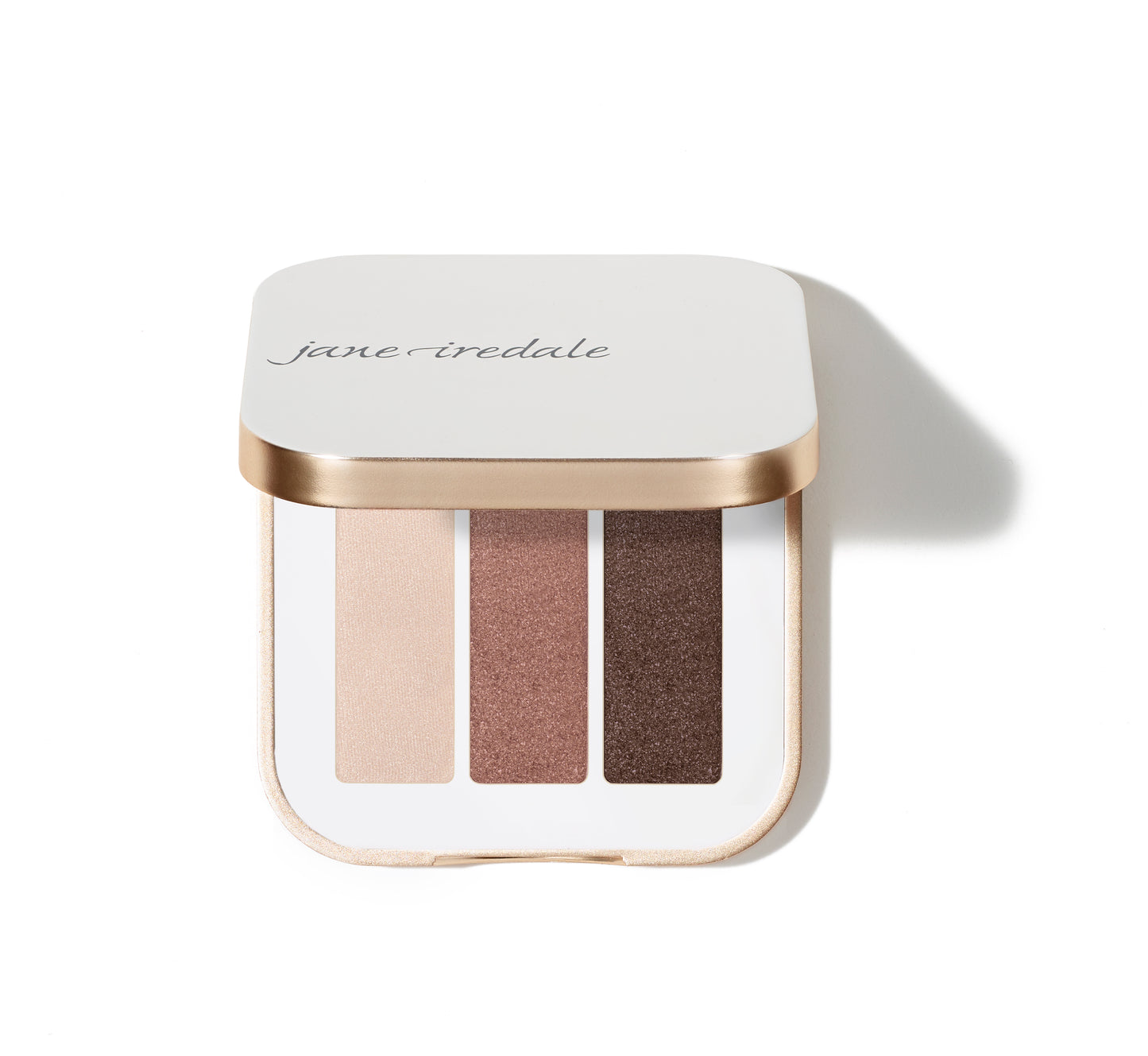 PurePressed® Eye Shadow Triple by Jane Iredale in a white and gold compact, featuring three neutral shades for versatile eye looks.