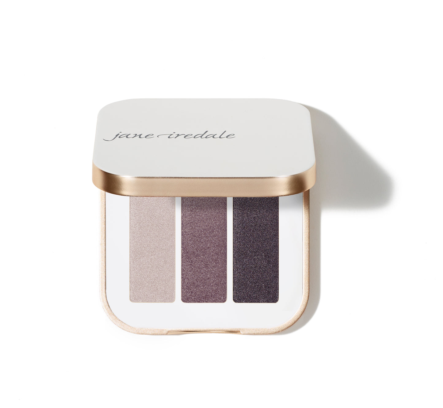 PurePressed® Eye Shadow Triple in a white-and-rose-gold tin, featuring six shimmer shades for versatile looks; fits all jane iredale Refillable Compacts.