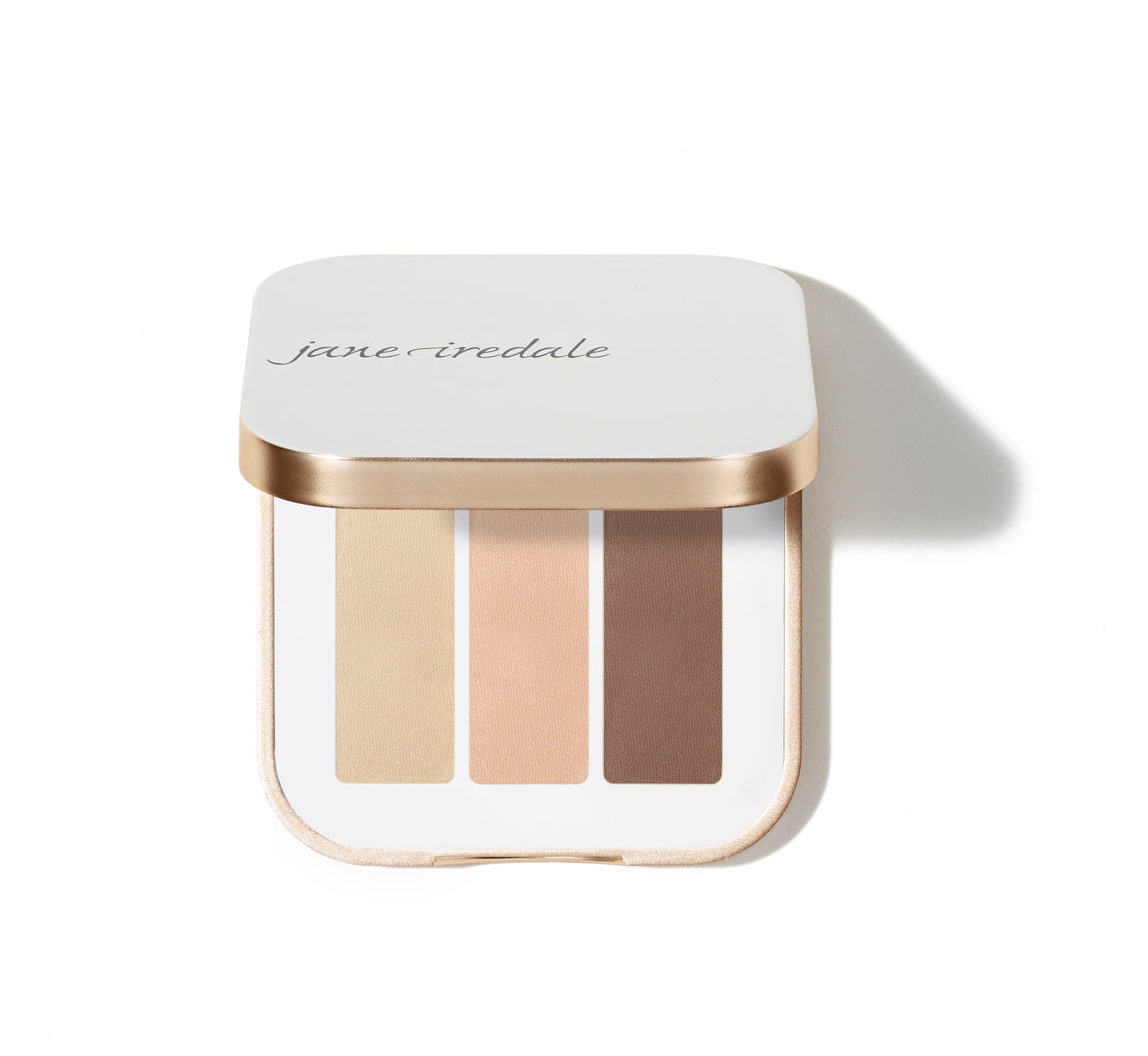 Jane Iredale PurePressed® Eye Shadow Triple compact with three shades: beige, peachy-nude, and medium-brown, ideal for versatile eye looks.