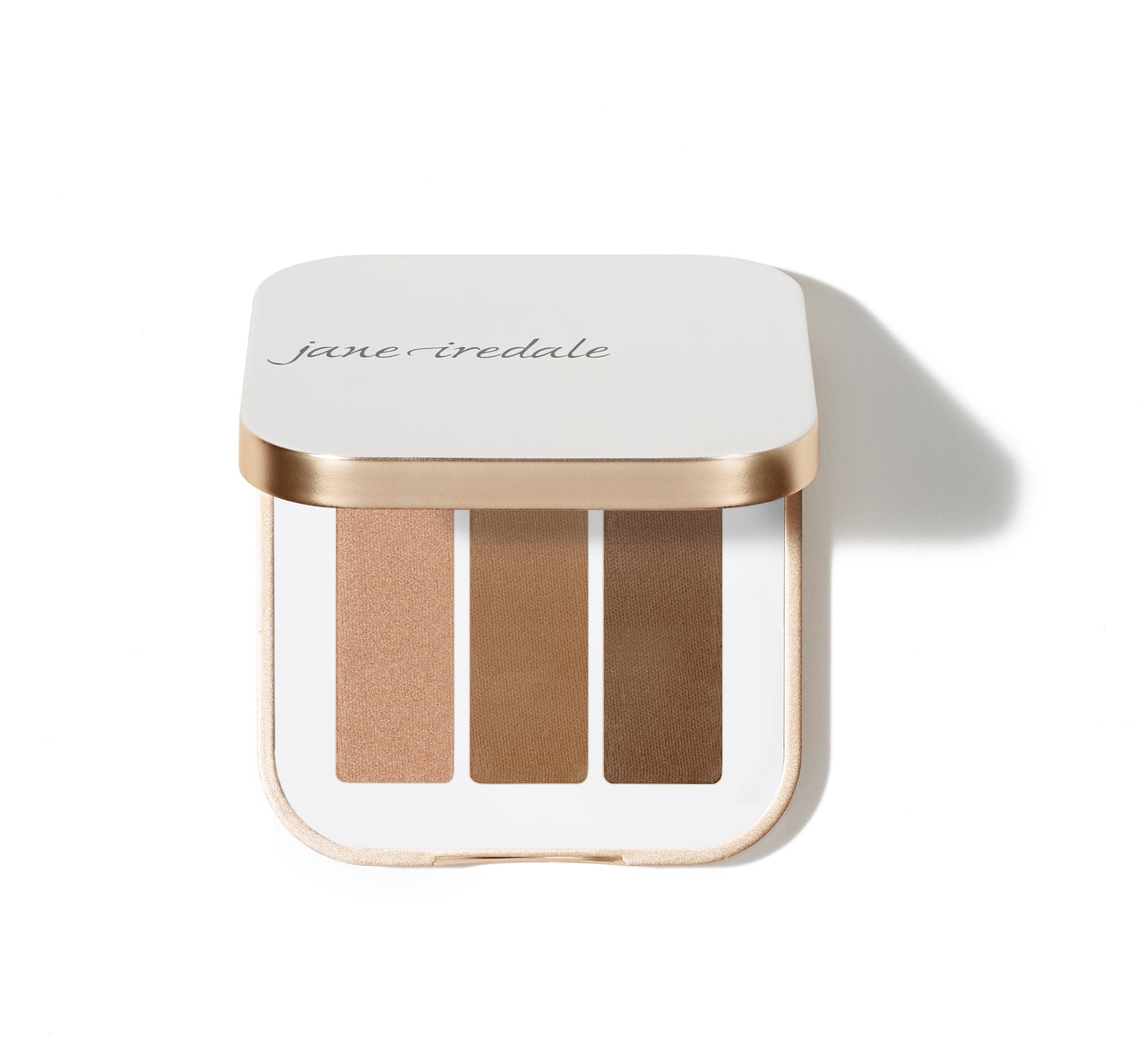 PurePressed® Eye Shadow Triple in a sleek white and rose-gold case, featuring three warm-toned shades for versatile eye looks, talc-free and refillable.