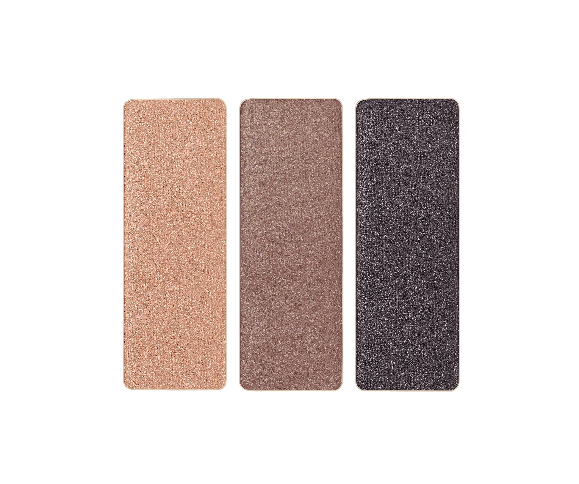 PurePressed® Eye Shadow Triple featuring shimmery peach-bronze, taupe-brown, and charcoal-gray shades. Talc-free, vegan formula; fits jane iredale Refillable Compacts.