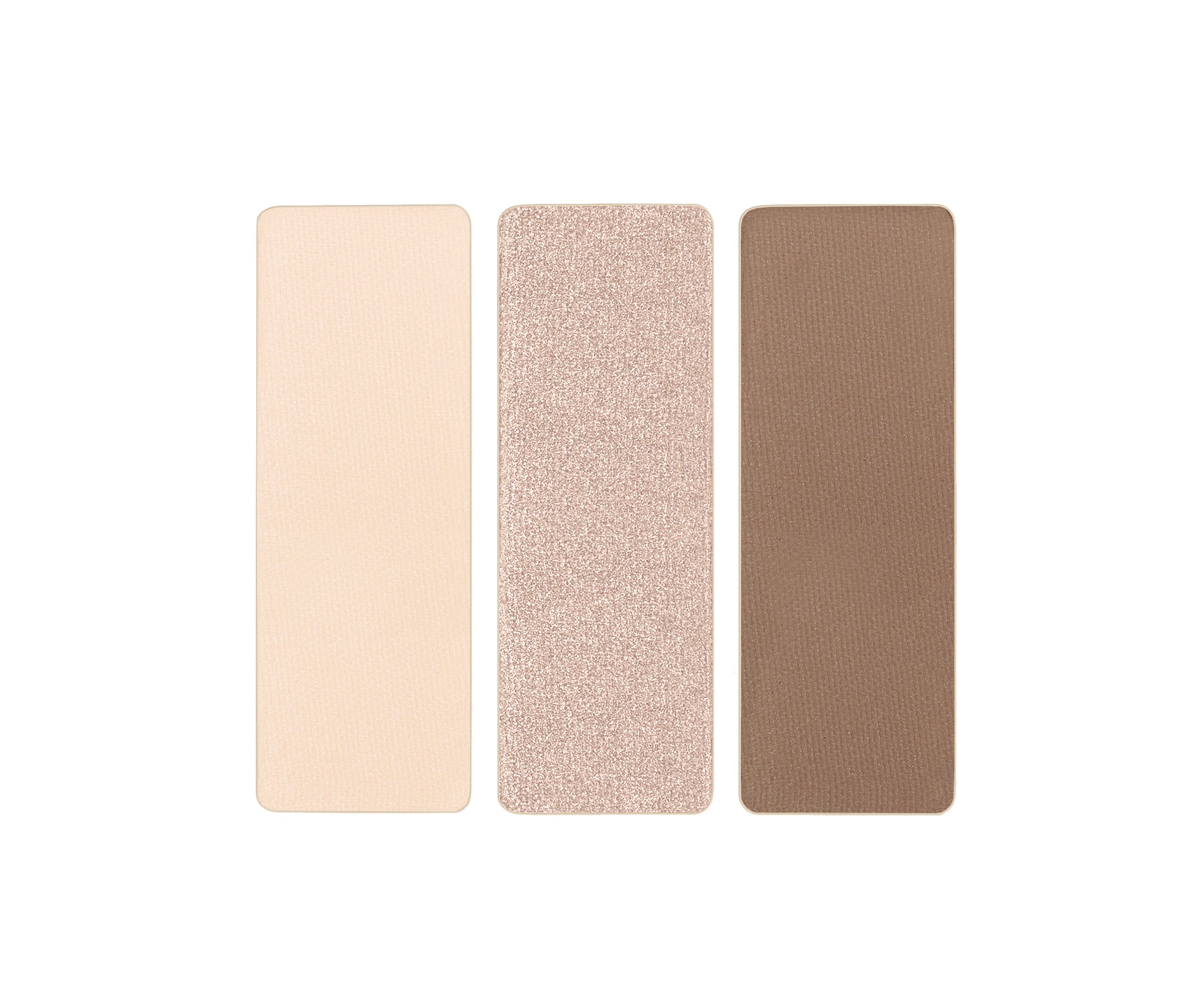 PurePressed® Eye Shadow Triple featuring matte ivory-beige, shimmery champagne-rose, and matte warm brown shades, designed by Rose-Marie Swift for versatile eye looks.