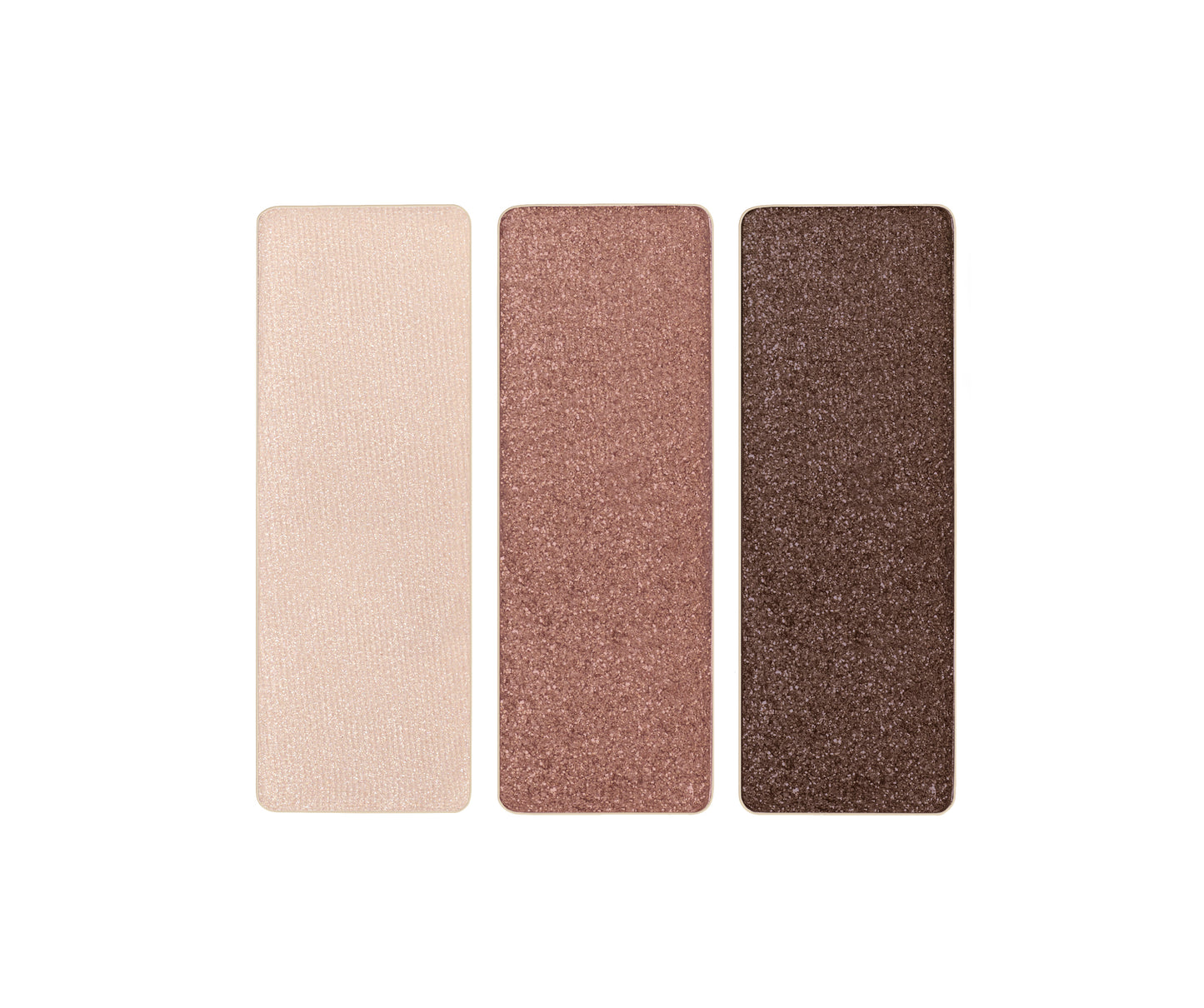 PurePressed® Eye Shadow Triple featuring three shimmering shades: ivory, rose-gold, and chocolate-brown, ideal for versatile, sustainable beauty looks from Beauty Shop Bellaire.