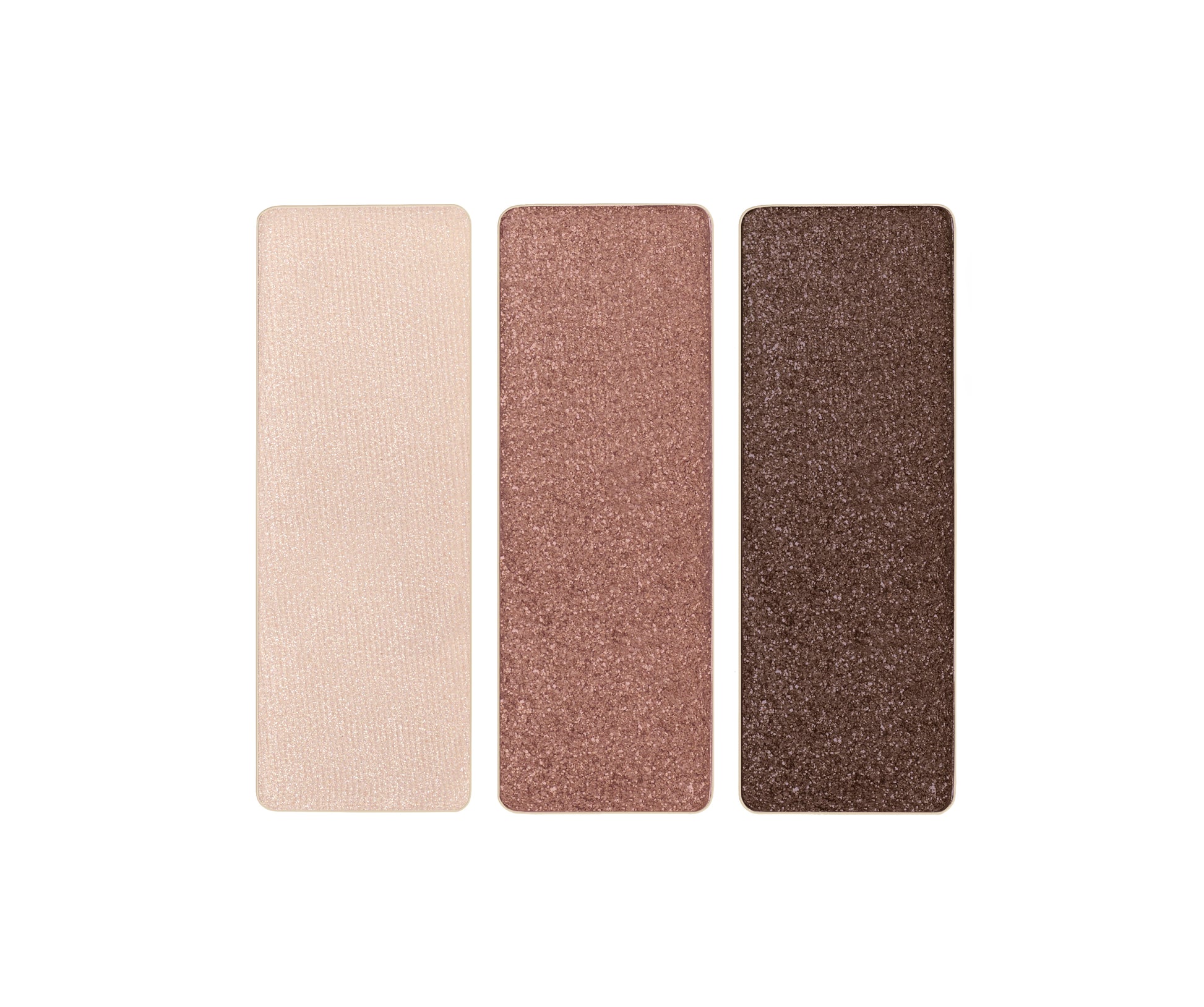 PurePressed® Eye Shadow Triple featuring three shimmering shades: ivory, rose-gold, and chocolate-brown, ideal for versatile, sustainable beauty looks from Beauty Shop Bellaire.