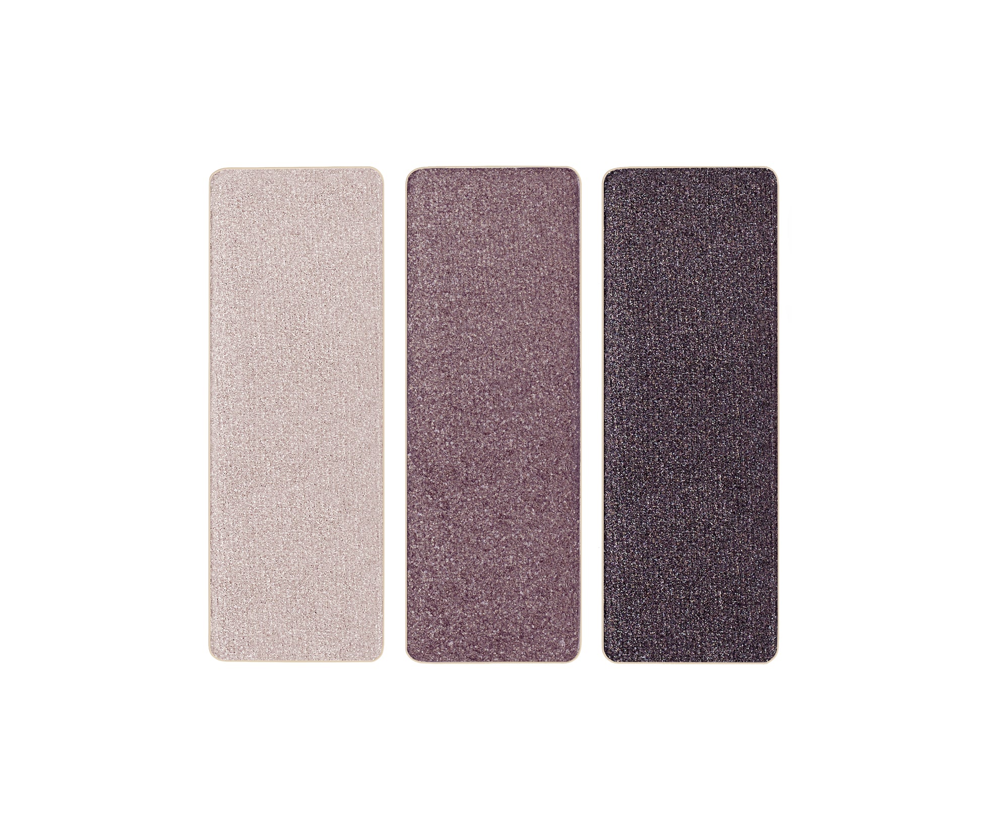 PurePressed® Eye Shadow Triple featuring three shimmery shades for versatile looks, showcasing champagne, mauvey-taupe, and glittery plum/brown in an elegant, refillable compact.
