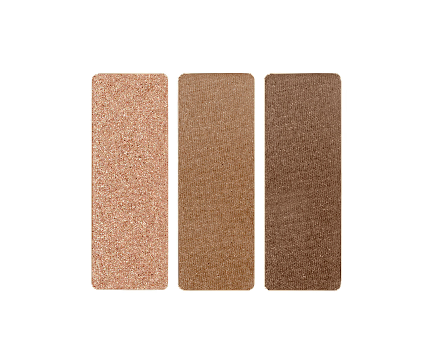 PurePressed® Eye Shadow Triple featuring three harmonized shades in a compact: shimmery champagne-peach, matte warm tan, and deep matte brown, ideal for versatile eye looks.