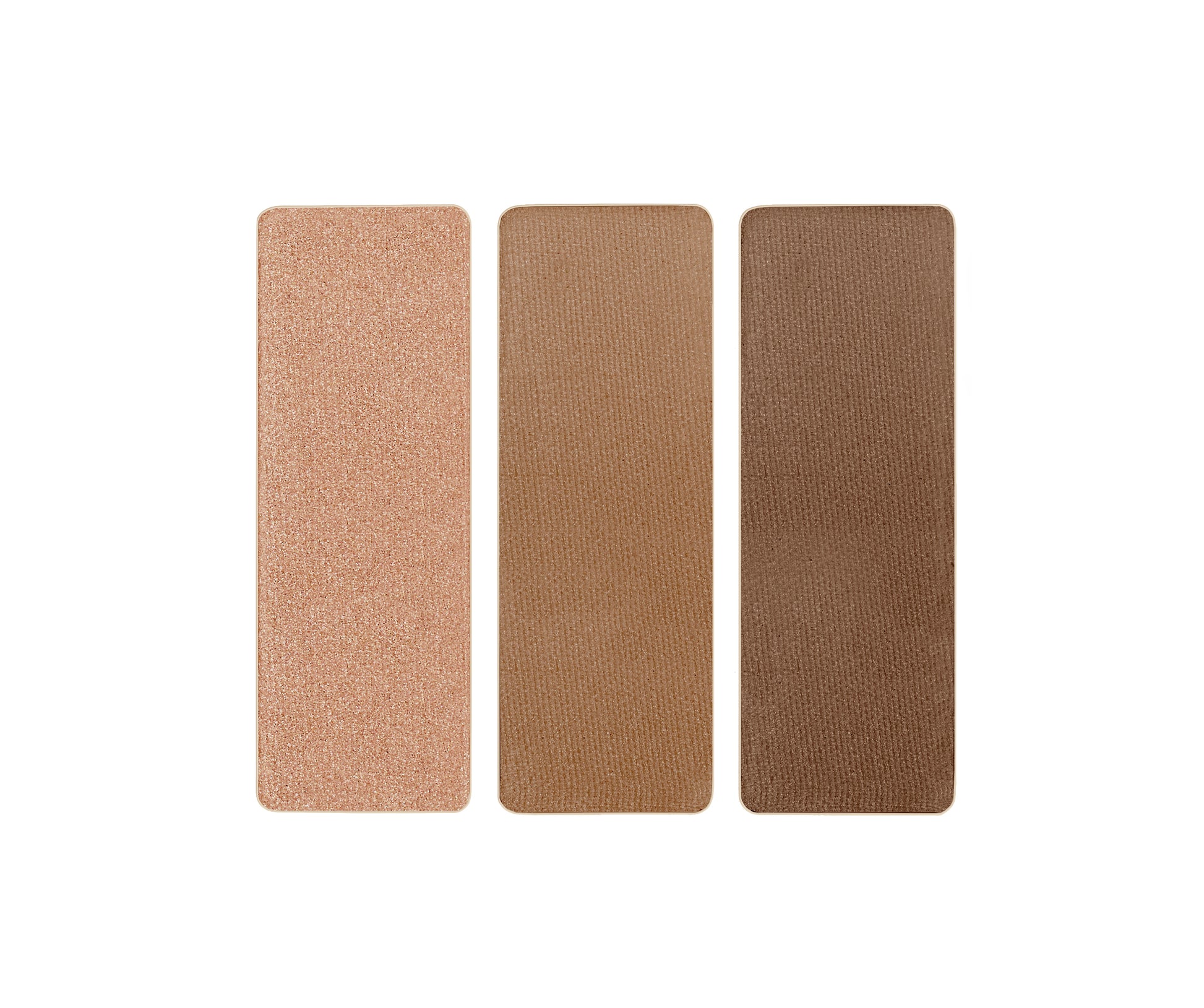 PurePressed® Eye Shadow Triple featuring three harmonized shades in a compact: shimmery champagne-peach, matte warm tan, and deep matte brown, ideal for versatile eye looks.