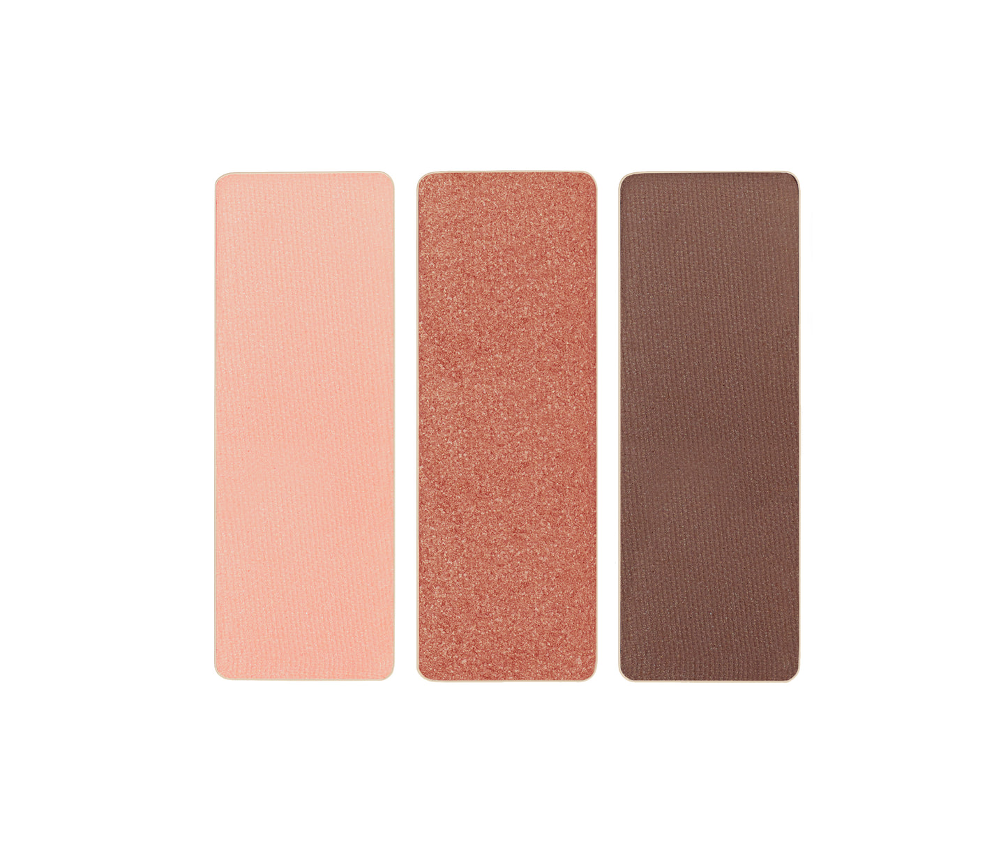 PurePressed® Eye Shadow Triple featuring matte peach-pink, shimmery copper-coral, and matte deep brown shades, perfect for creating versatile eye looks.
