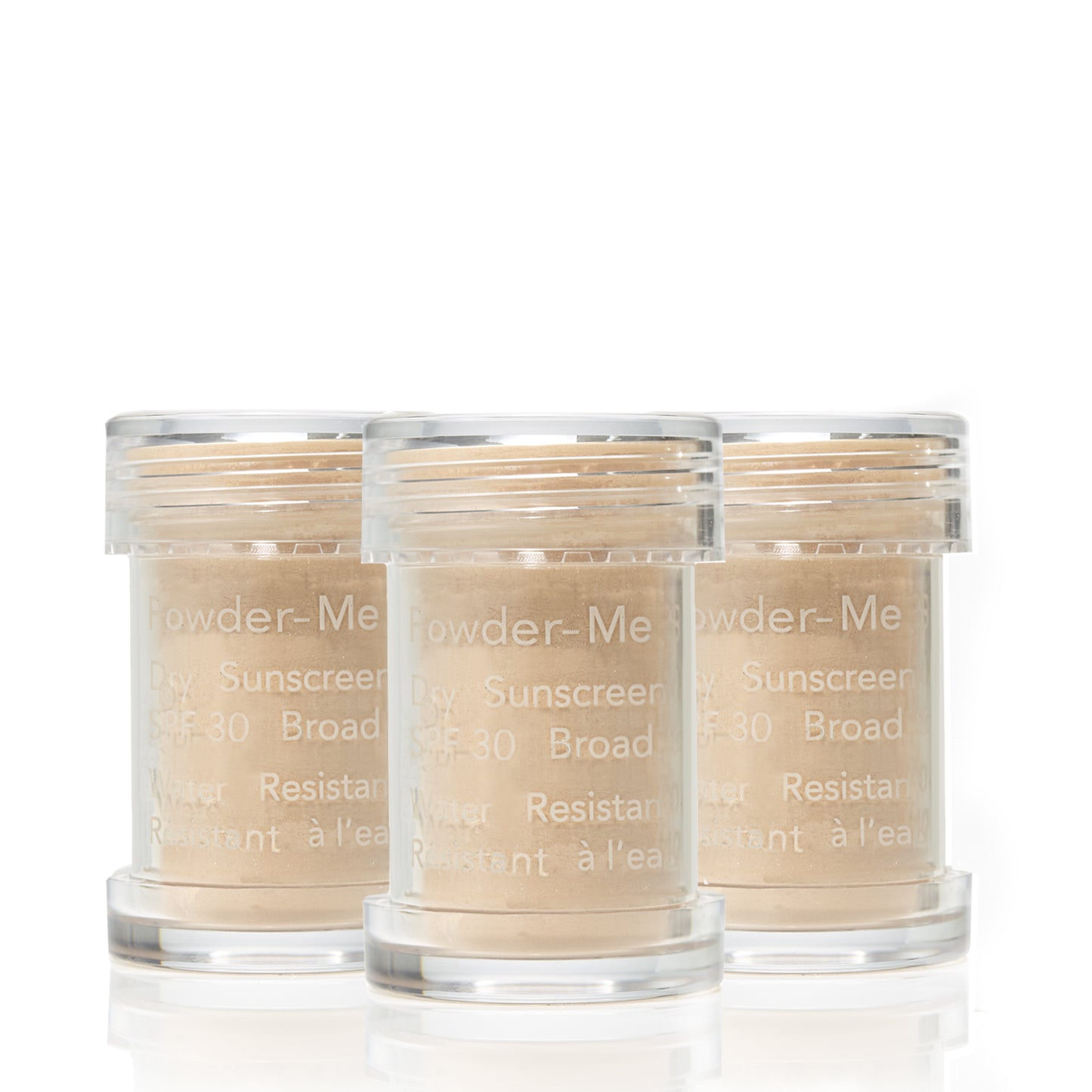 Powder-Me SPF 30 Dry Sunscreen in sifter jars, featuring broad-spectrum, water-resistant protection in a powder form.