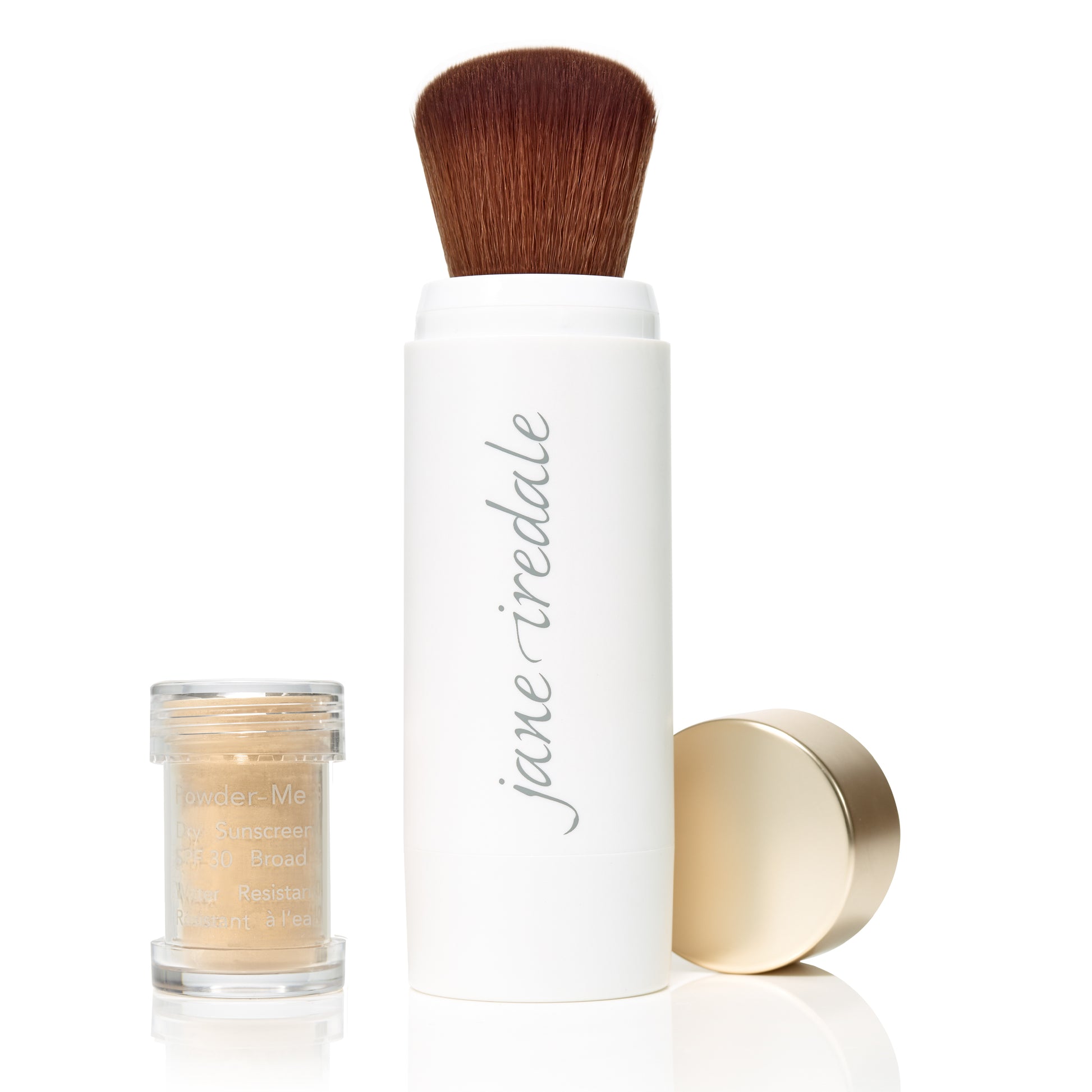 Powder-Me SPF 30 Dry Sunscreen with a retractable brush applicator, ideal for clean beauty enthusiasts seeking water-resistant sun protection.