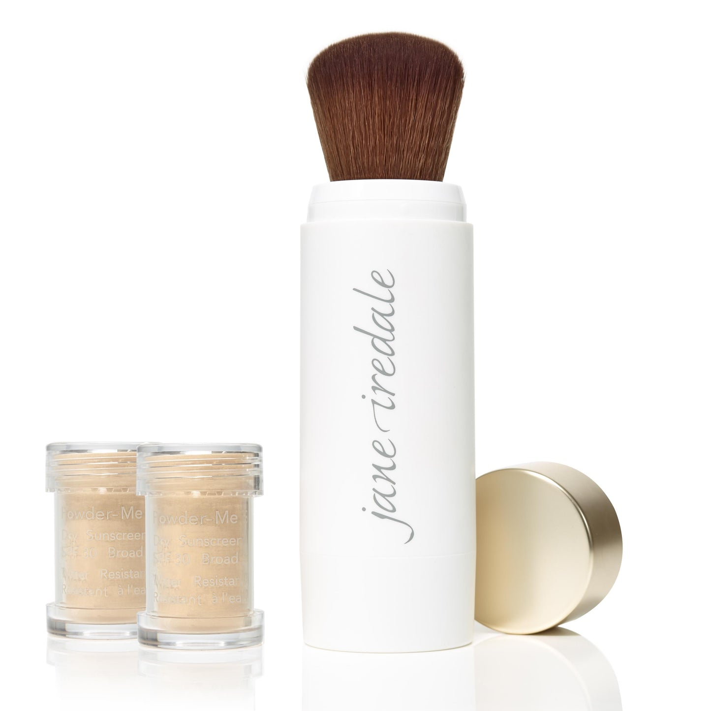 Jane Iredale Powder-Me SPF 30 Dry Sunscreen with twist-up brush, two refill pods, and protective cap, highlighting its convenient mineral sunscreen application.