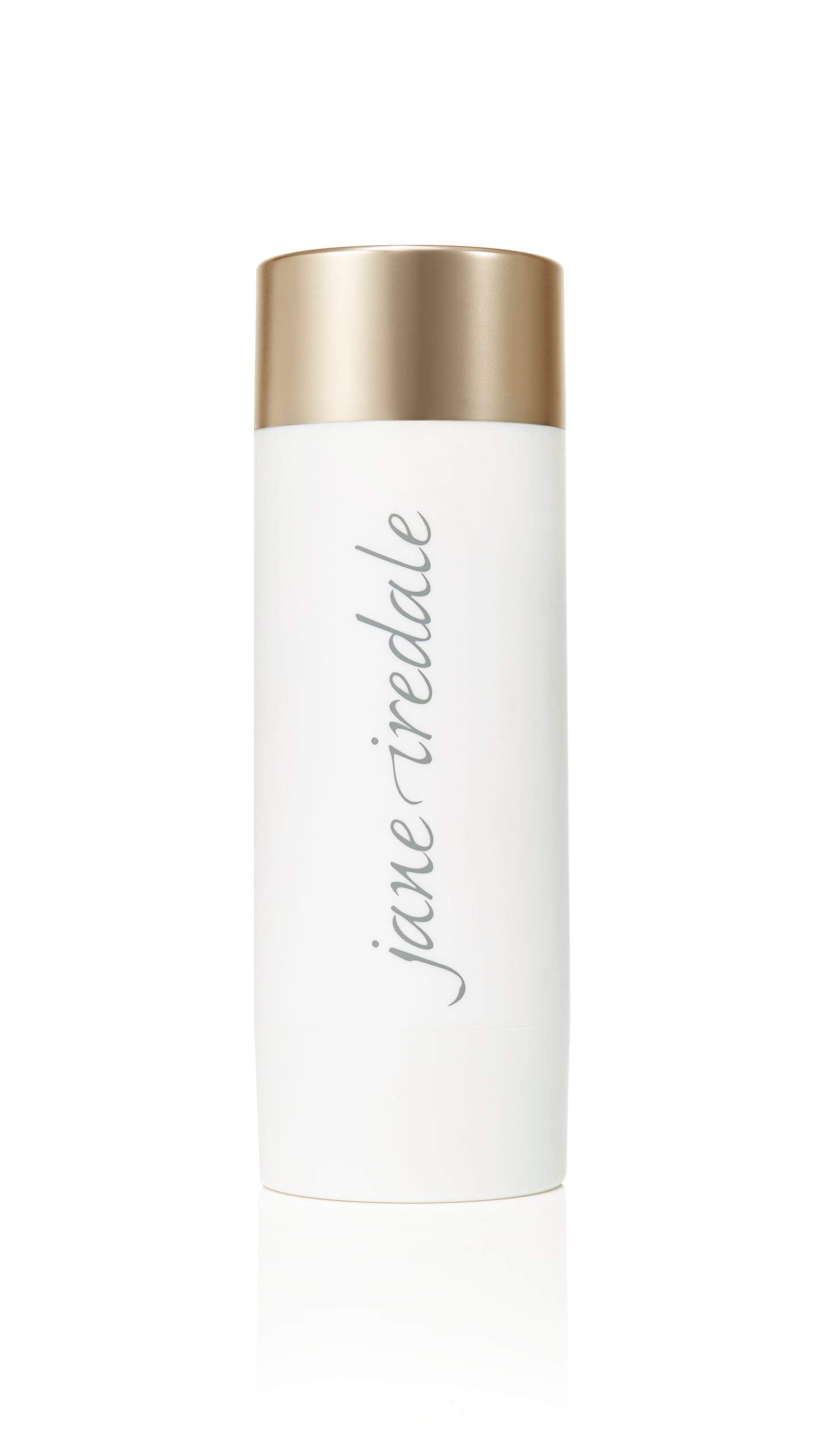 Jane Iredale's Powder-Me SPF 30 Dry Sunscreen in a sleek white bottle with a metallic-gold cap, ideal for sun protection in a stylish design.
