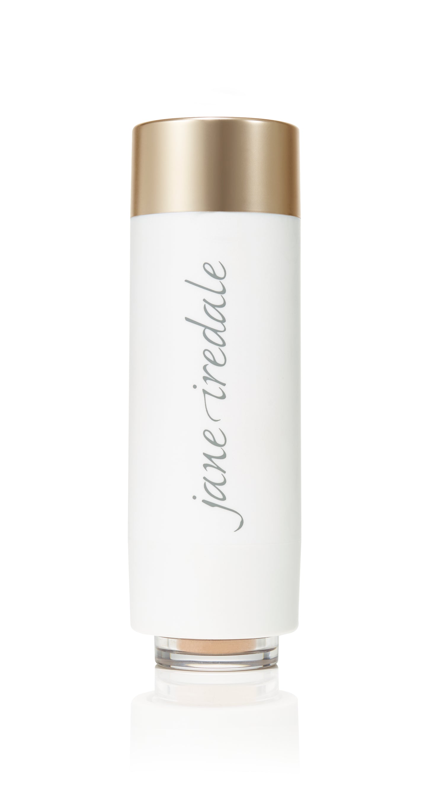 Jane Iredale Powder-Me SPF 30 Dry Sunscreen in a white tube with a gold cap, revealing a beige-toned product, ideal for sustainable beauty.