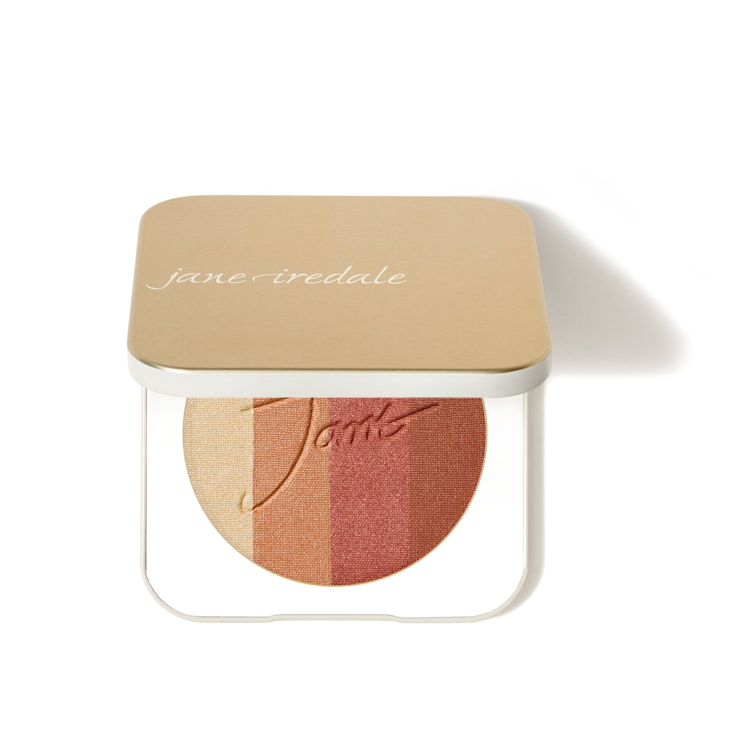 Jane Iredale PureBronze™ Shimmer Bronzer Palette Refill with four shades in a gold-tone compact, ideal for radiant, multipurpose use.