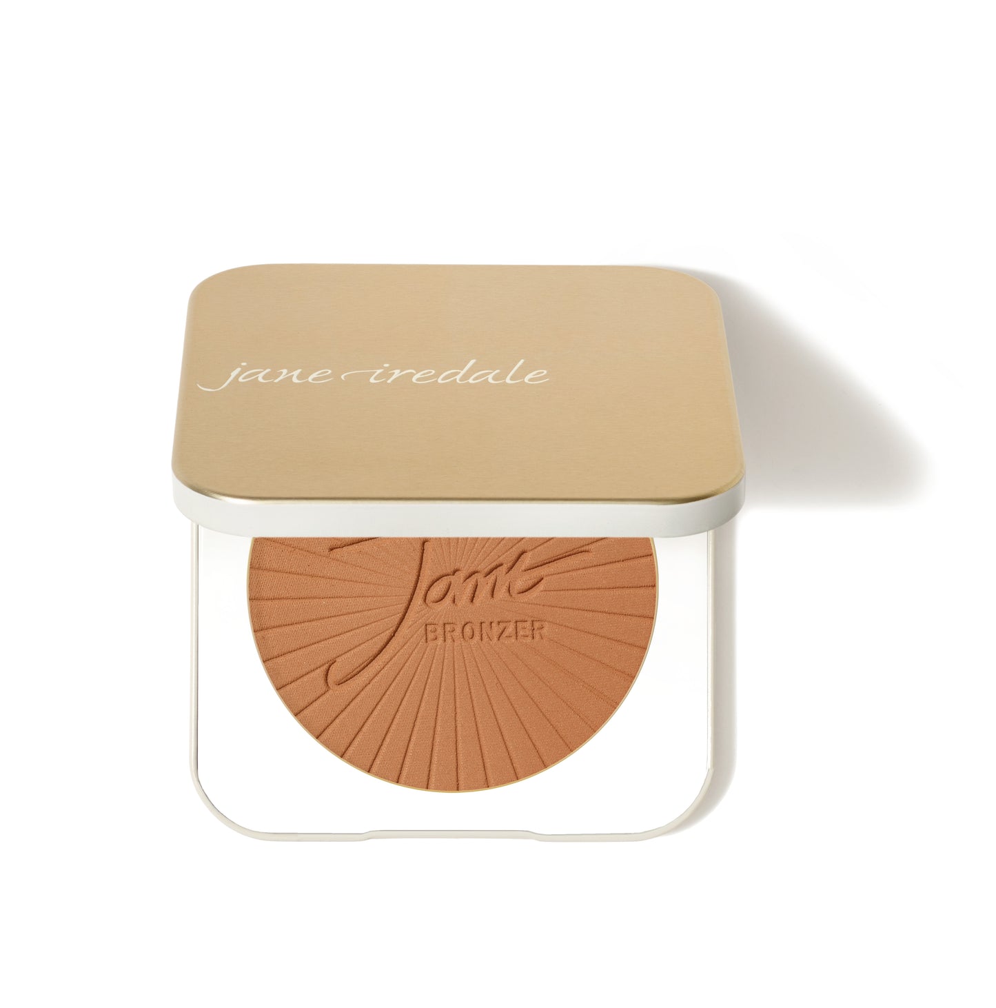 Jane Iredale PureBronze™ Matte Bronzer Powder Refill in gold-toned compact, featuring embossed bronzing powder for natural, buildable contouring.
